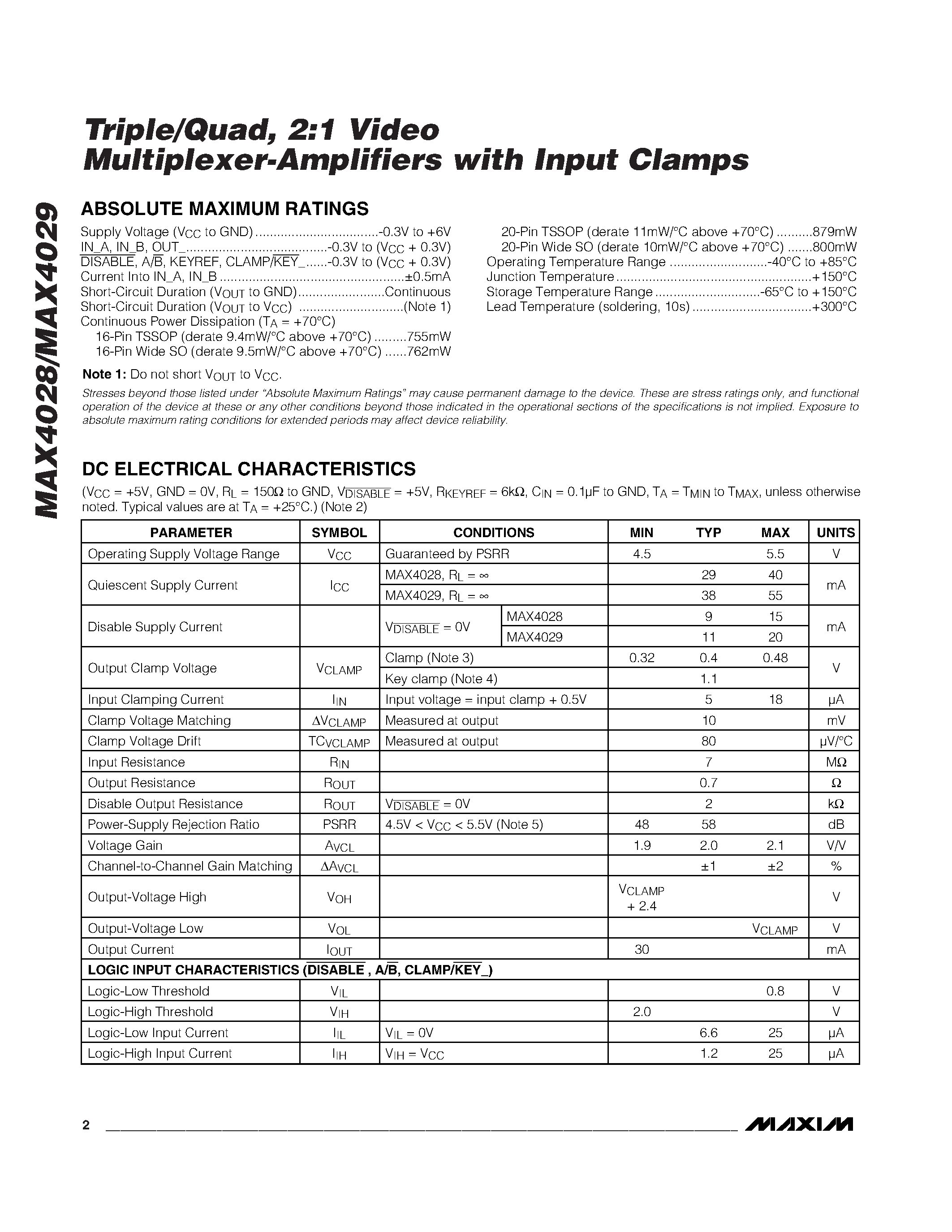 Datasheet MAX4028EUE - Triple/Quad / 2:1 Video Multiplexer-Amplifiers with Input Clamps page 2