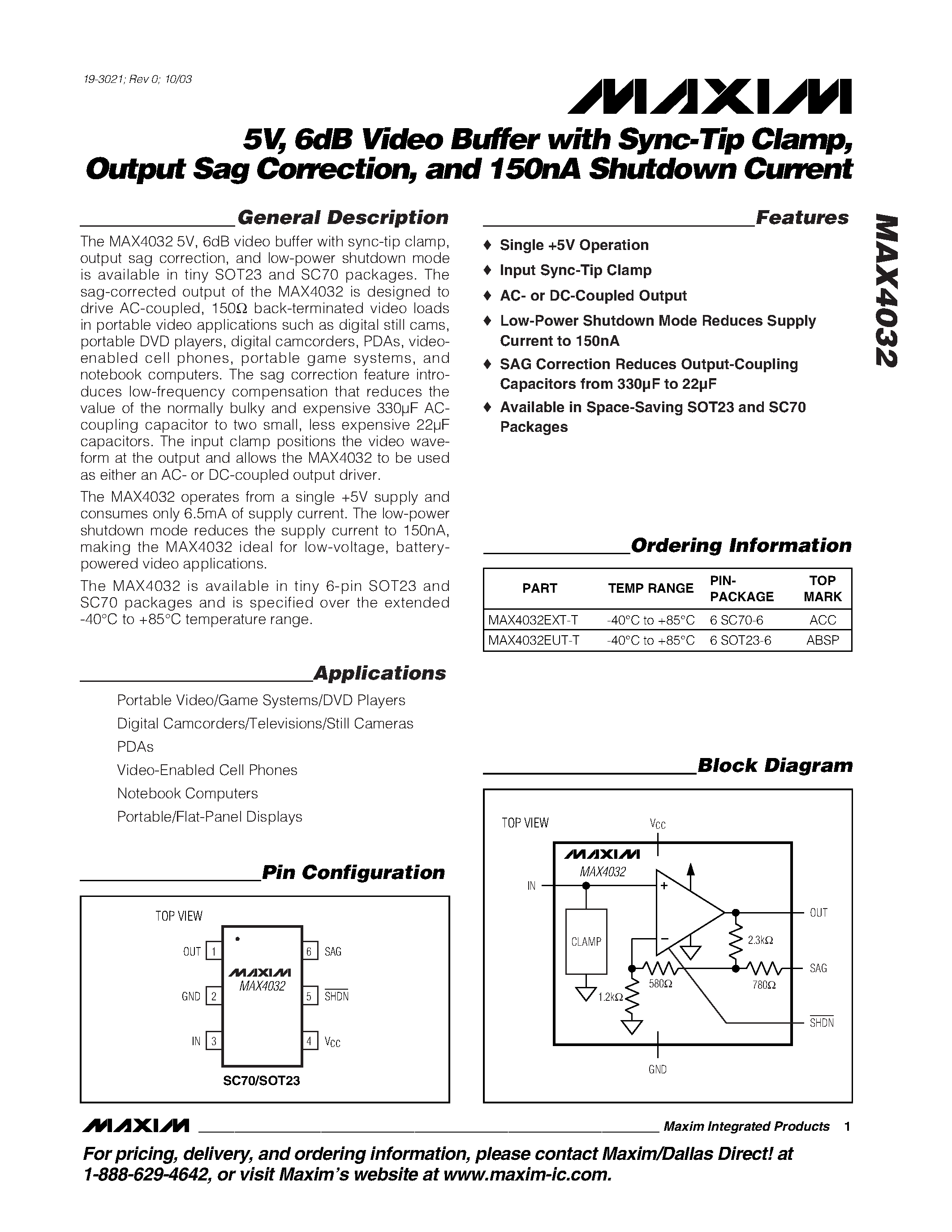 Datasheet MAX4032 - 5V / 6dB Video Buffer with Sync-Tip Clamp / Output Sag Correction / and 150nA Shutdown Current page 1