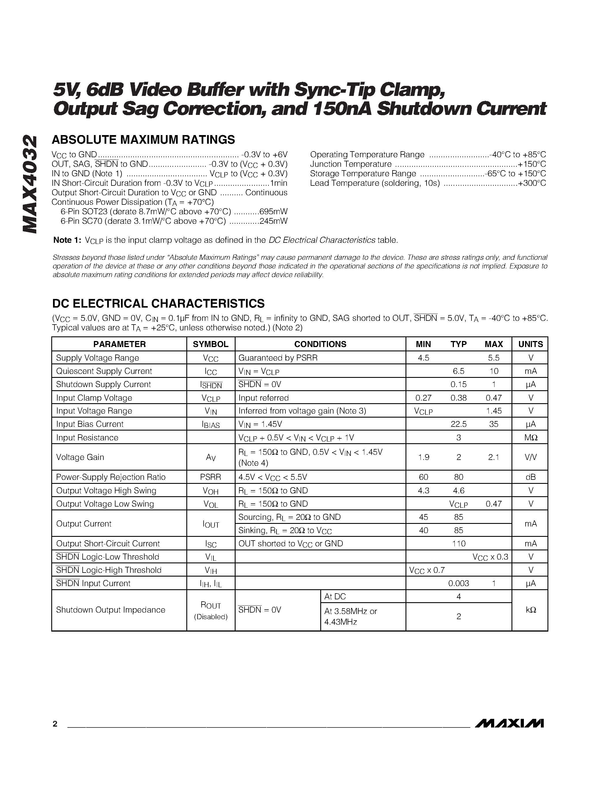 Datasheet MAX4032 - 5V / 6dB Video Buffer with Sync-Tip Clamp / Output Sag Correction / and 150nA Shutdown Current page 2