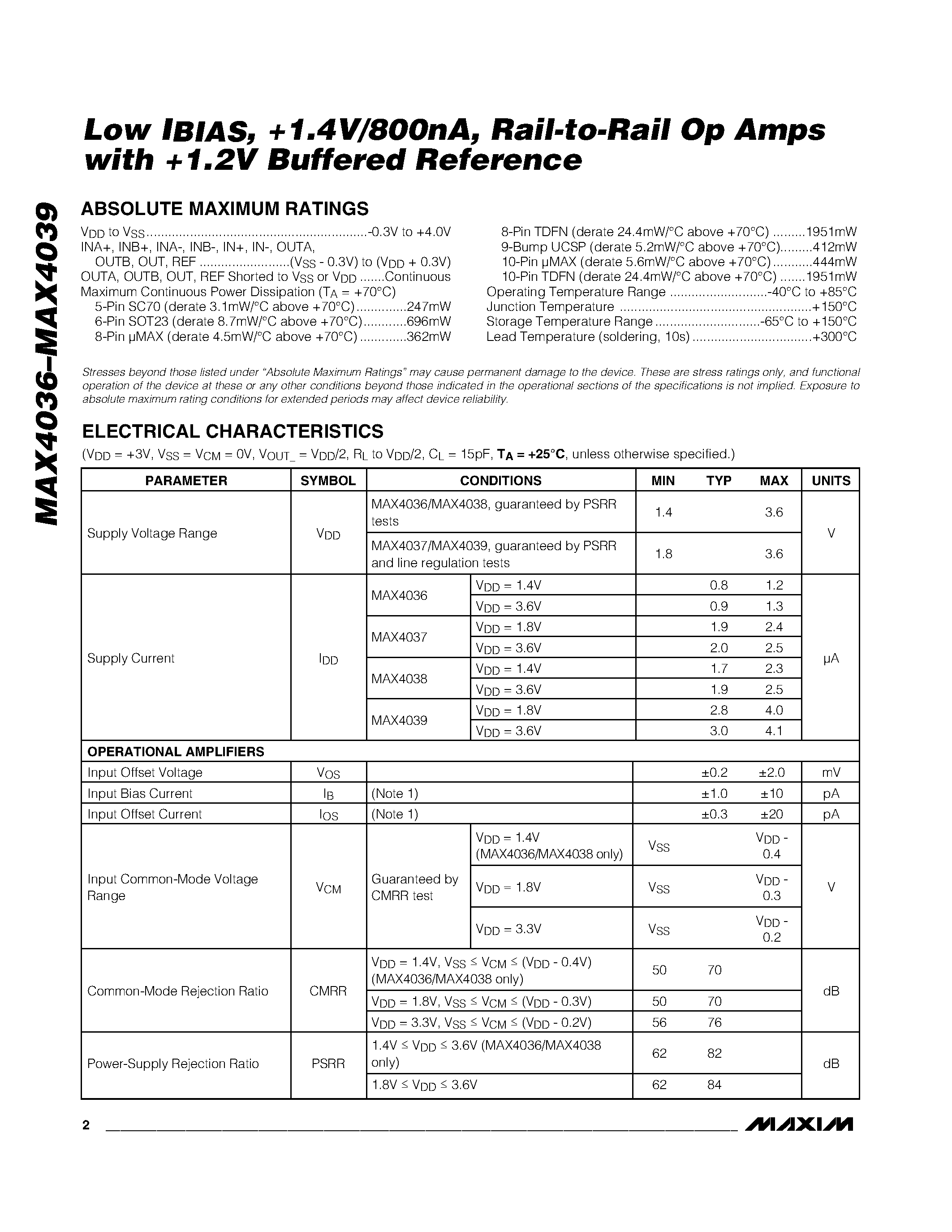 Даташит на микросхему MAX4039ETB страница 2 Даташит MAX4039ETB - Low IBIAS / +1.4V/800nA / Rail-to-Rail Op Amps with +1.2V Buffered Reference страница 2