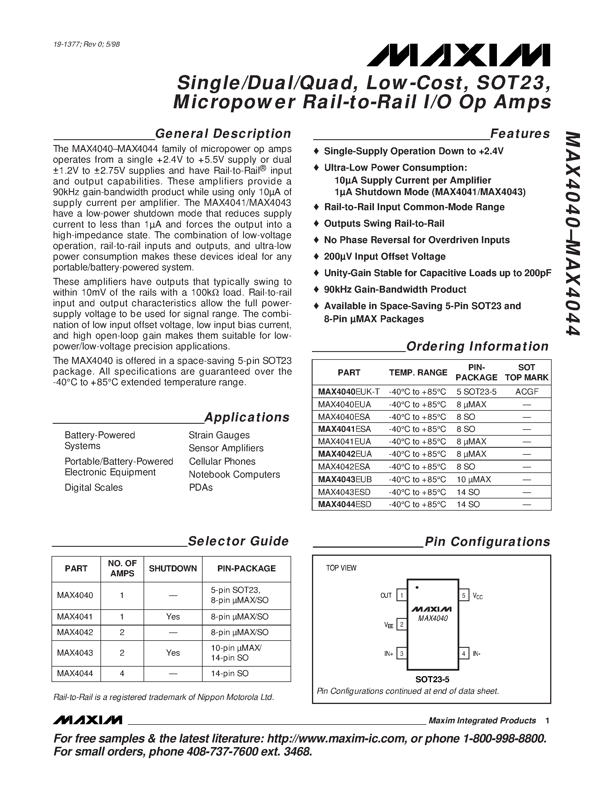 Datasheet MAX4043EUB - Single/Dual/Quad / Low-Cost / SOT23 / Micropower Rail-to-Rail I/O Op Amps page 1