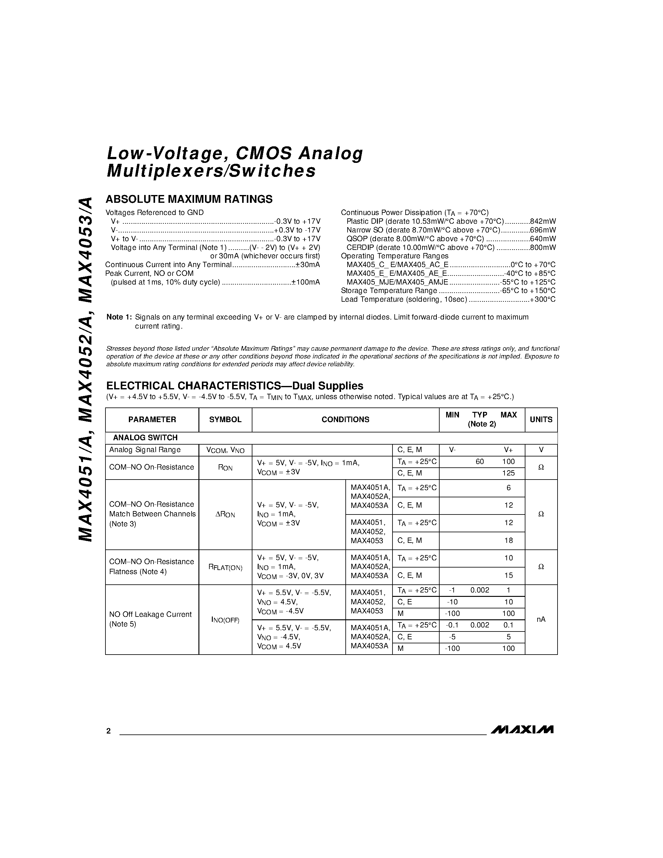 Datasheet MAX4051 - Low-Voltage / CMOS Analog Multiplexers/Switches page 2