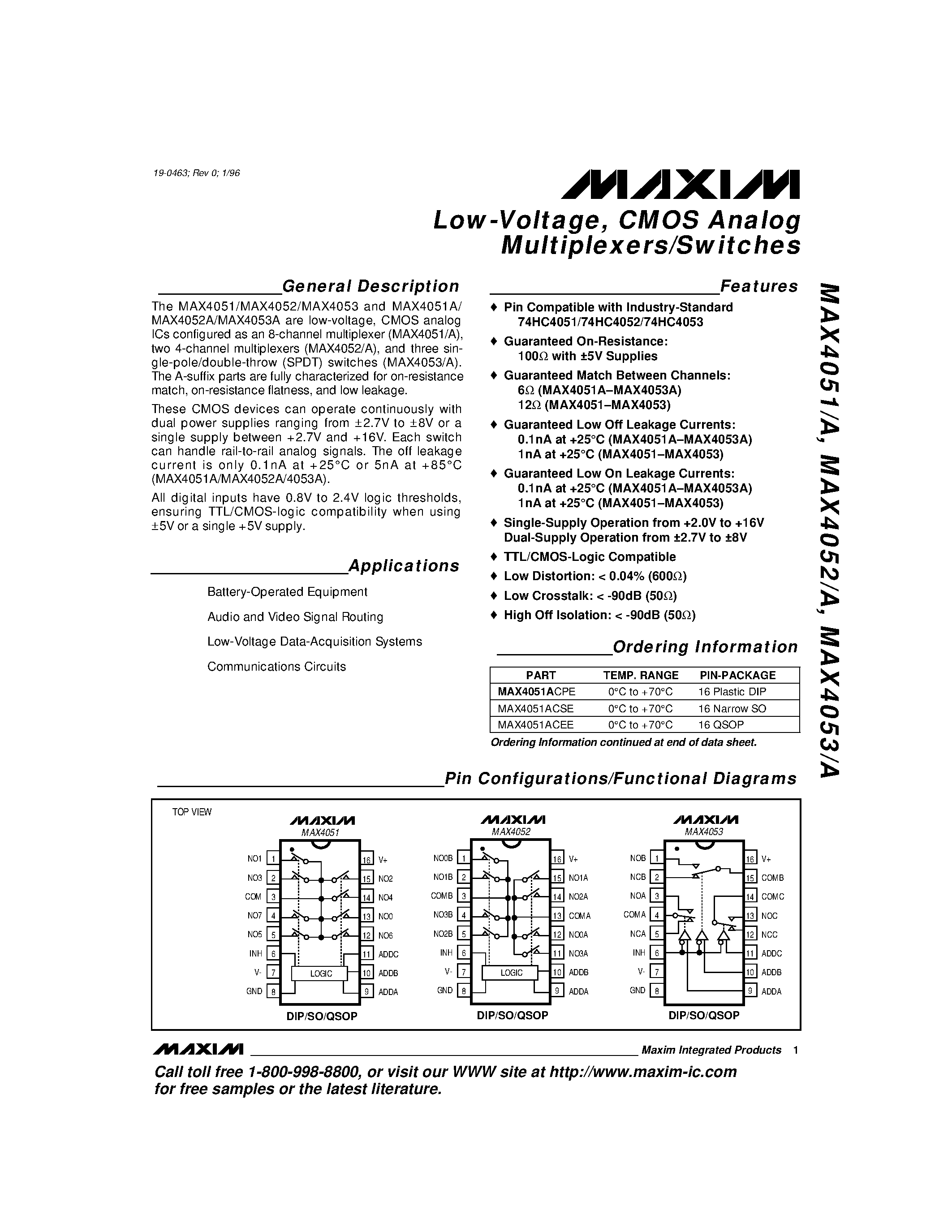Datasheet MAX4051C - Low-Voltage / CMOS Analog Multiplexers/Switches page 1
