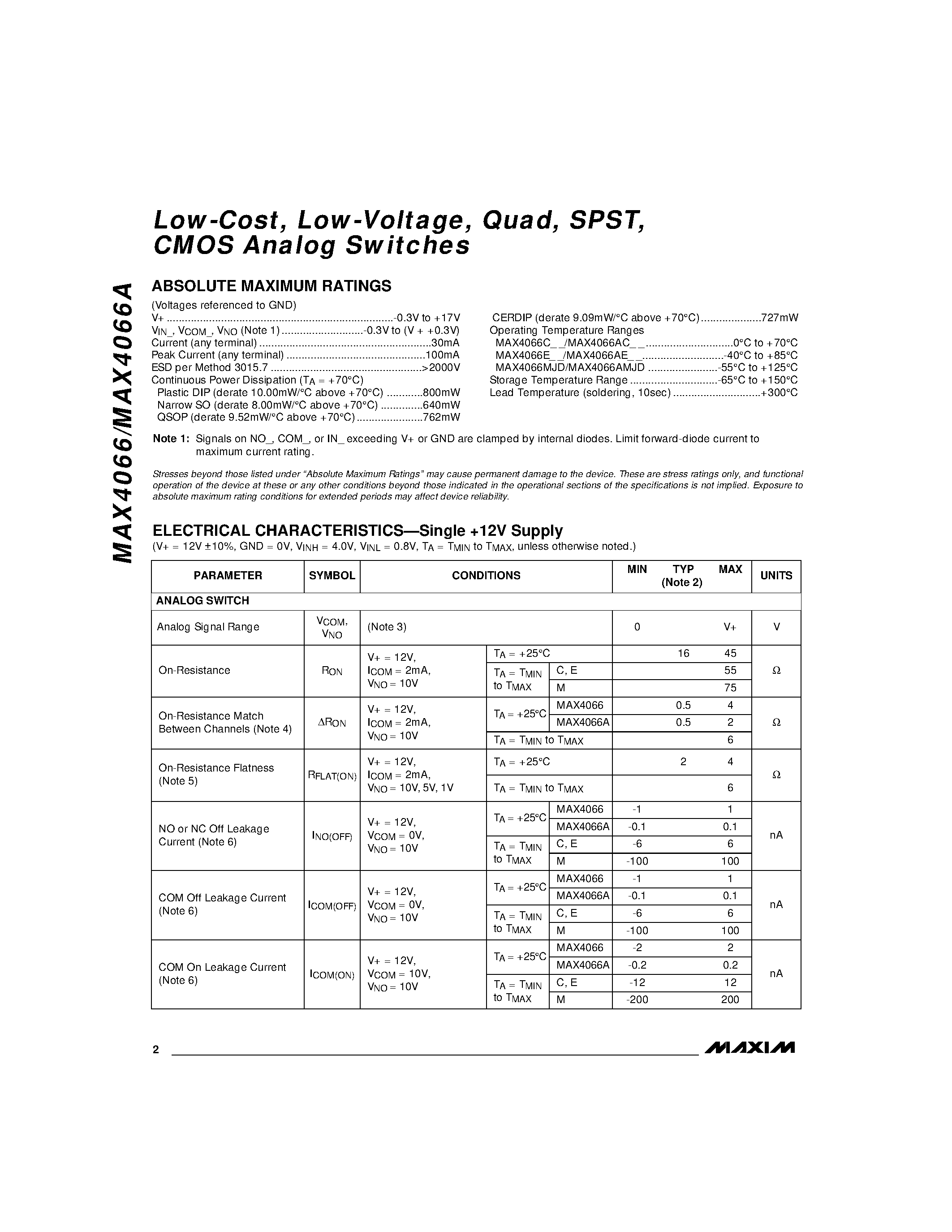Datasheet MAX4066 page 2 Datasheet MAX4066 - Low-Cost / Low-Voltage / Quad / SPST / CMOS Analog Switches page 2
