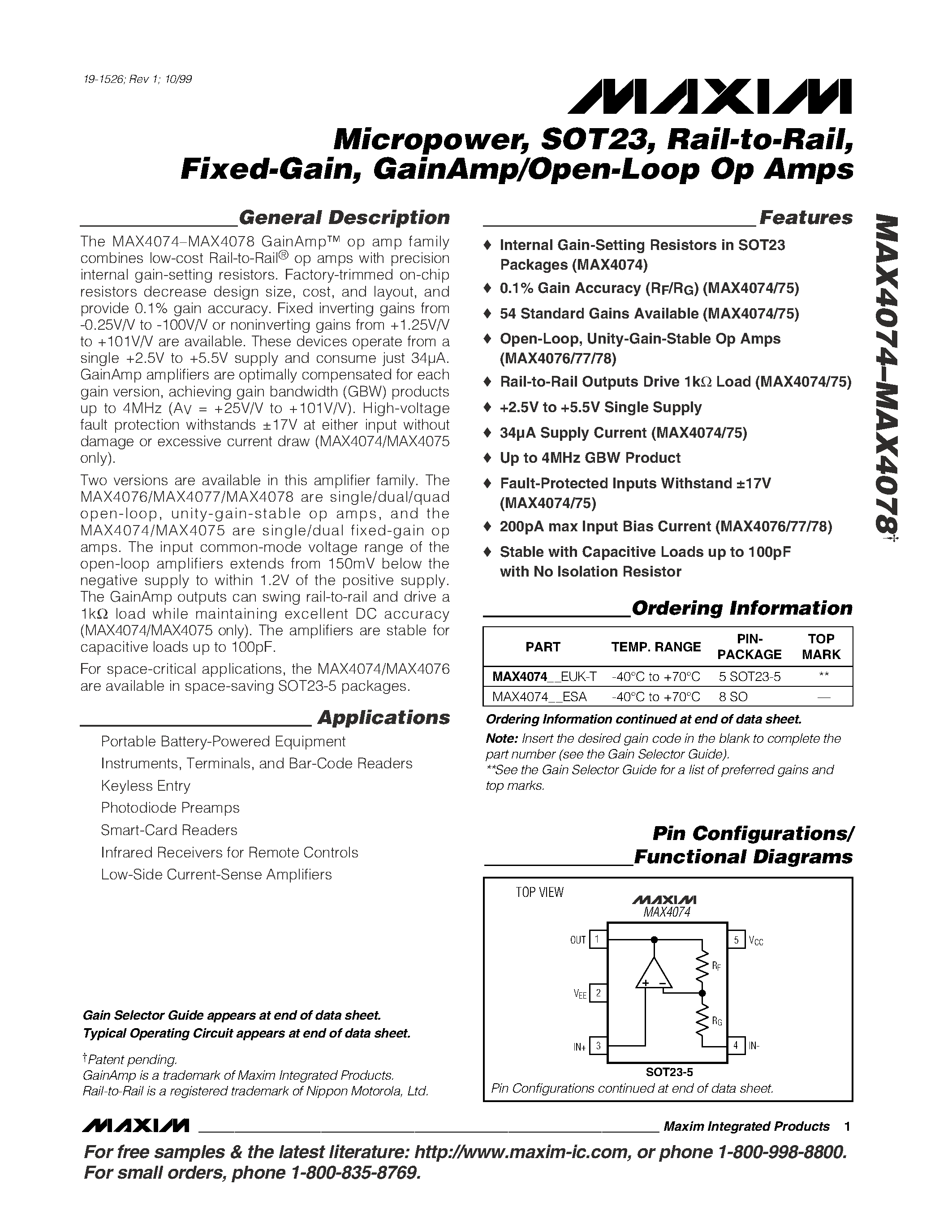 Datasheet MAX4076EUK-T page 1 Datasheet MAX4076EUK-T - Micropower / SOT23 / Rail-to-Rail / Fixed-Gain / GainAmp/Open-Loop Op Amps page 1