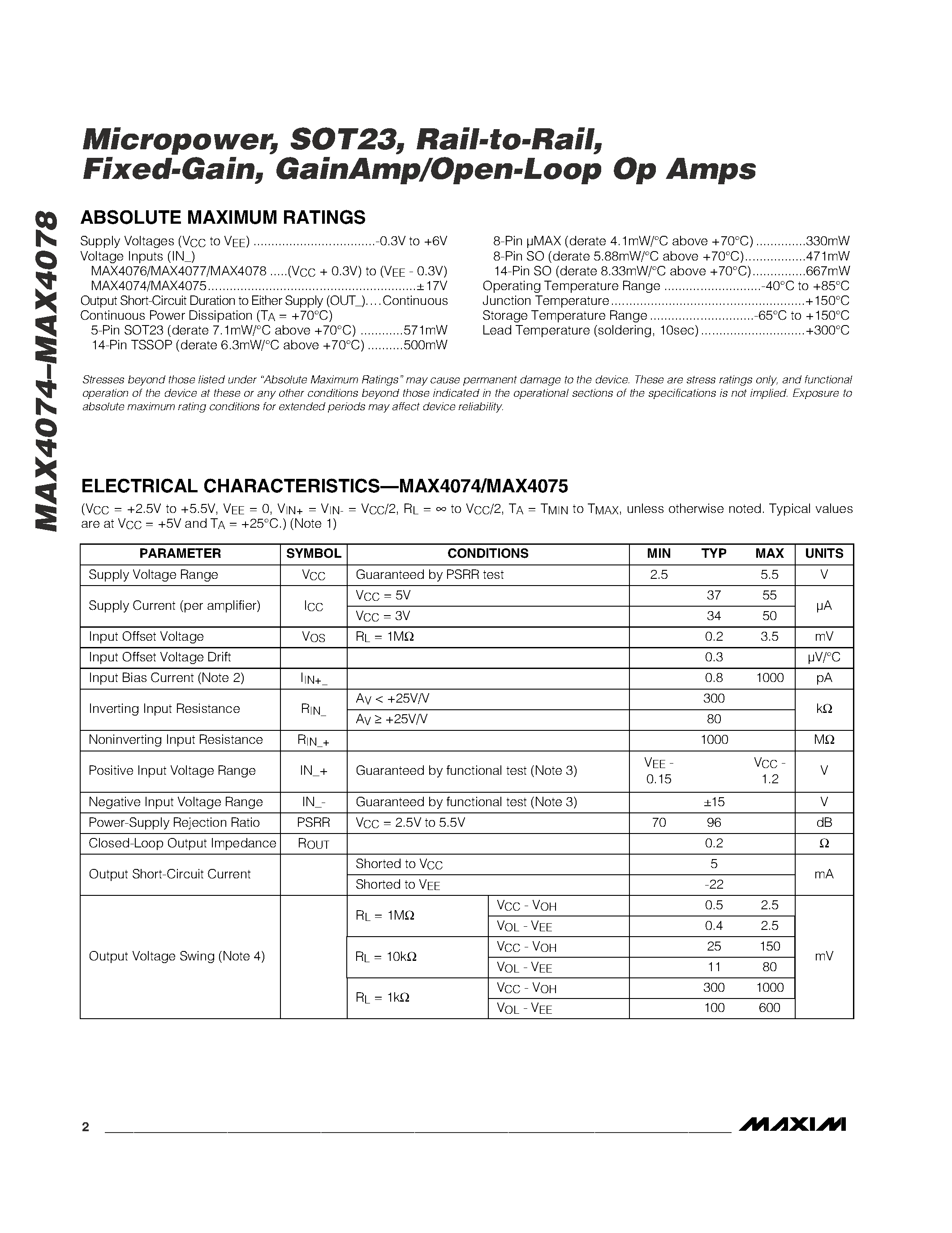 Datasheet MAX4076EUK-T page 2 Datasheet MAX4076EUK-T - Micropower / SOT23 / Rail-to-Rail / Fixed-Gain / GainAmp/Open-Loop Op Amps page 2