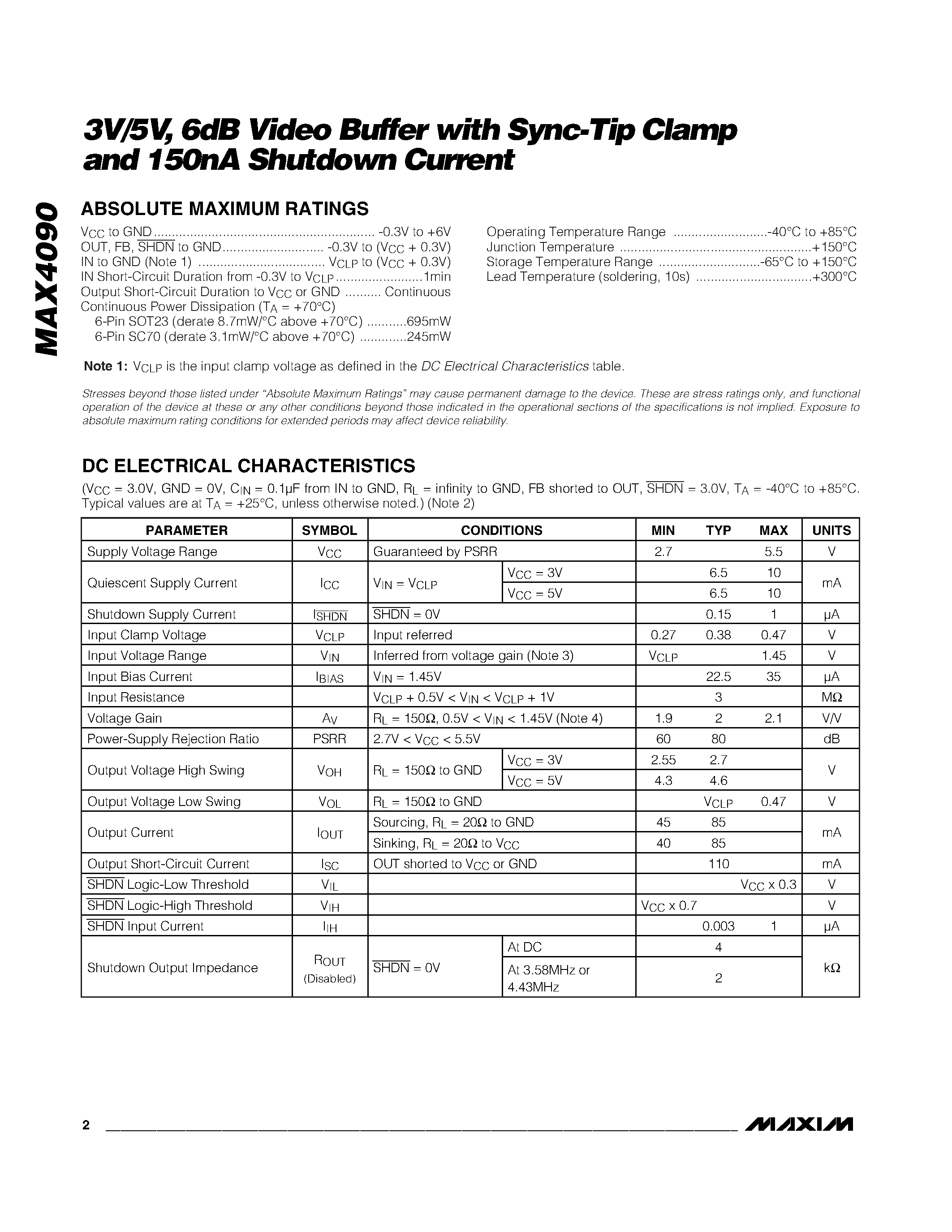 Datasheet MAX4090 - 3V/5V / 6dB Video Buffer with Sync-Tip Clamp and 150nA Shutdown Current page 2