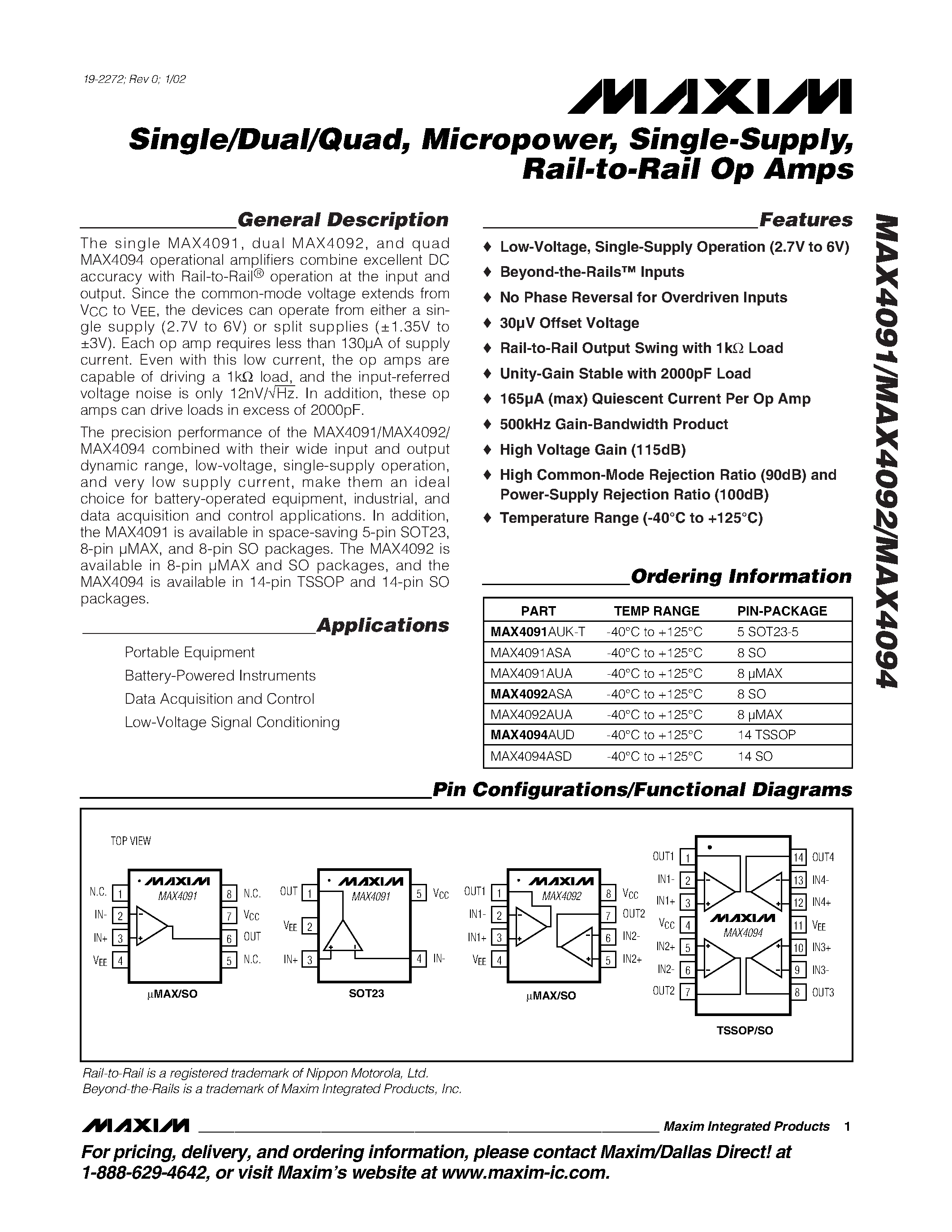 Datasheet MAX4091AUK-T page 1 Datasheet MAX4091AUK-T - Single/Dual/Quad / Micropower / Single-Supply / Rail-to-Rail Op Amps page 1