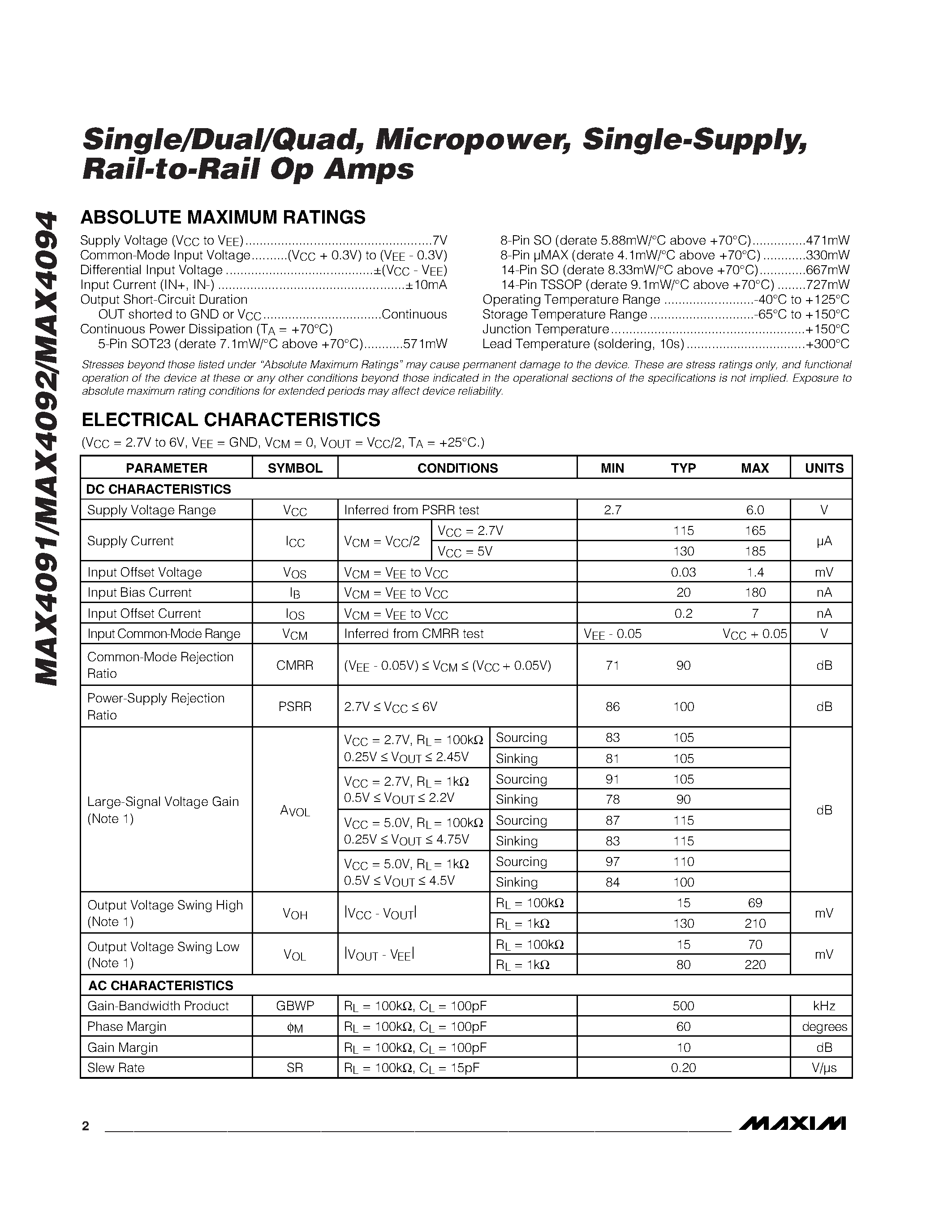 Datasheet MAX4091AUK-T page 2 Datasheet MAX4091AUK-T - Single/Dual/Quad / Micropower / Single-Supply / Rail-to-Rail Op Amps page 2