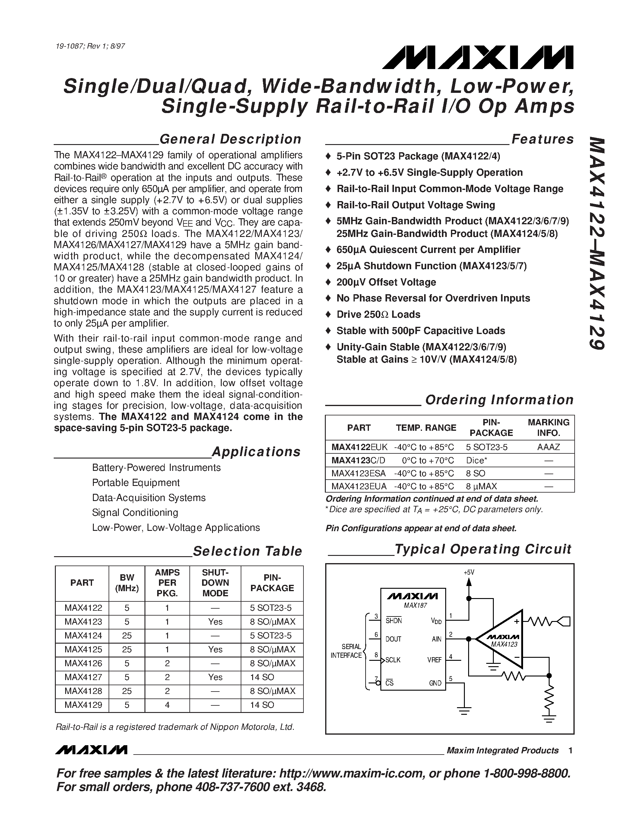 Datasheet MAX4125 - Single/Dual/Quad / Wide-Bandwidth / Low-Power / Single-Supply Rail-to-Rail I/O Op Amps page 1