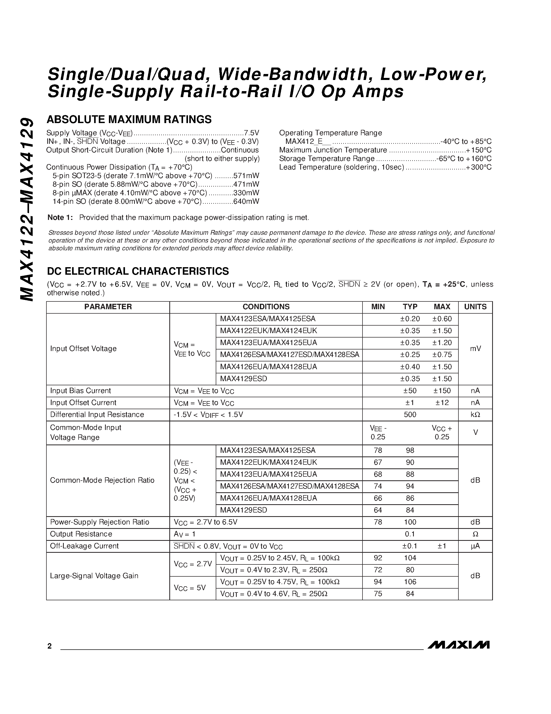 Datasheet MAX4125 - Single/Dual/Quad / Wide-Bandwidth / Low-Power / Single-Supply Rail-to-Rail I/O Op Amps page 2