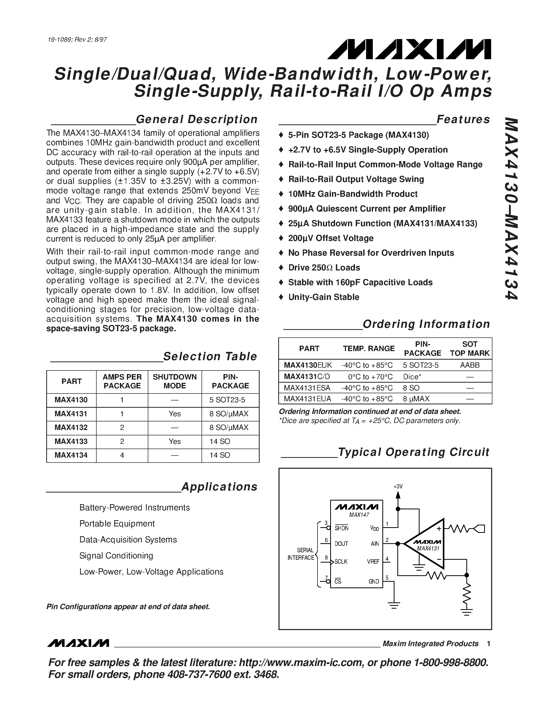 Datasheet MAX4130 - Single/Dual/Quad / Wide-Bandwidth / Low-Power / Single-Supply / Rail-to-Rail I/O Op Amps page 1
