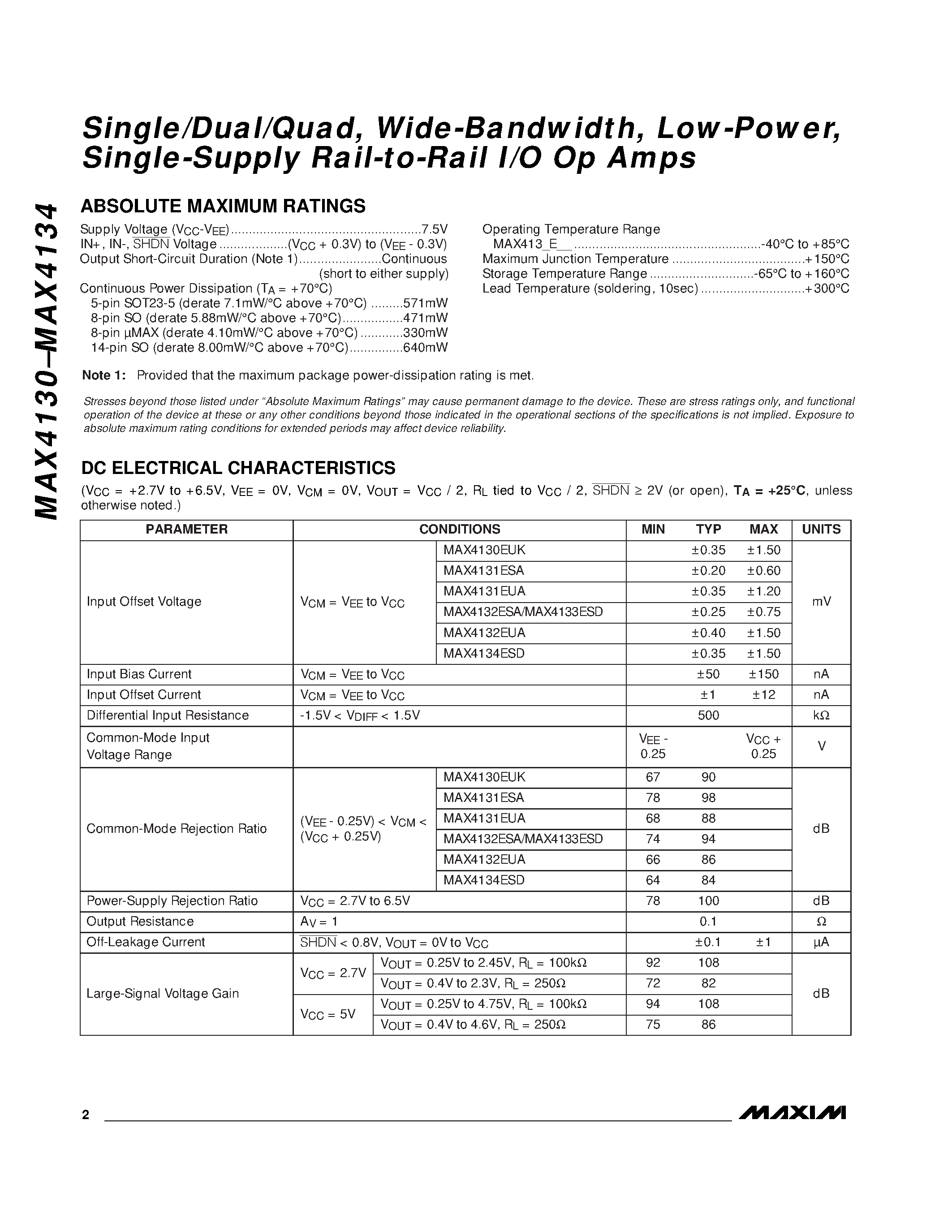Datasheet MAX4130 - Single/Dual/Quad / Wide-Bandwidth / Low-Power / Single-Supply / Rail-to-Rail I/O Op Amps page 2