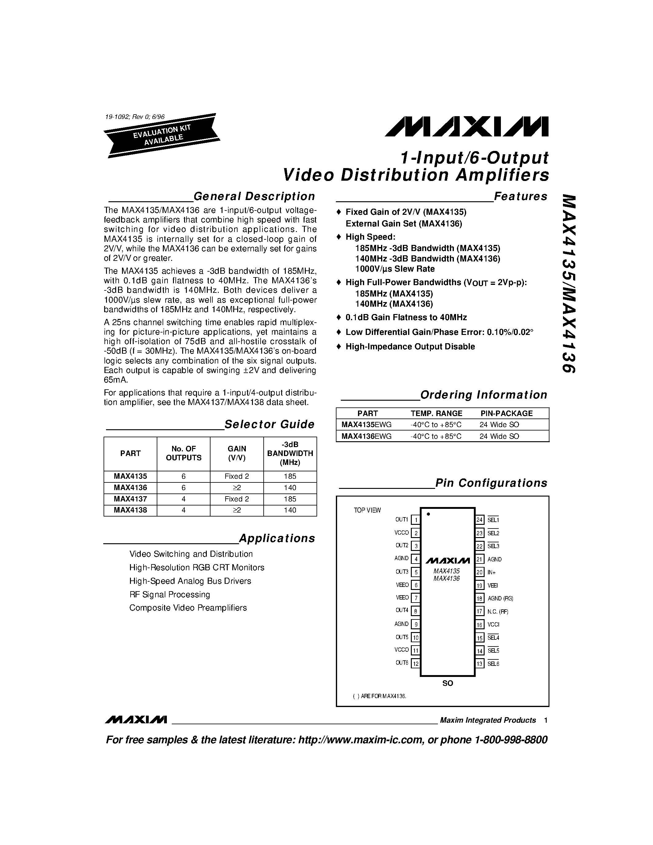 Datasheet MAX4135 - 1-Input/4-Output Video Distribution Amplifiers page 1