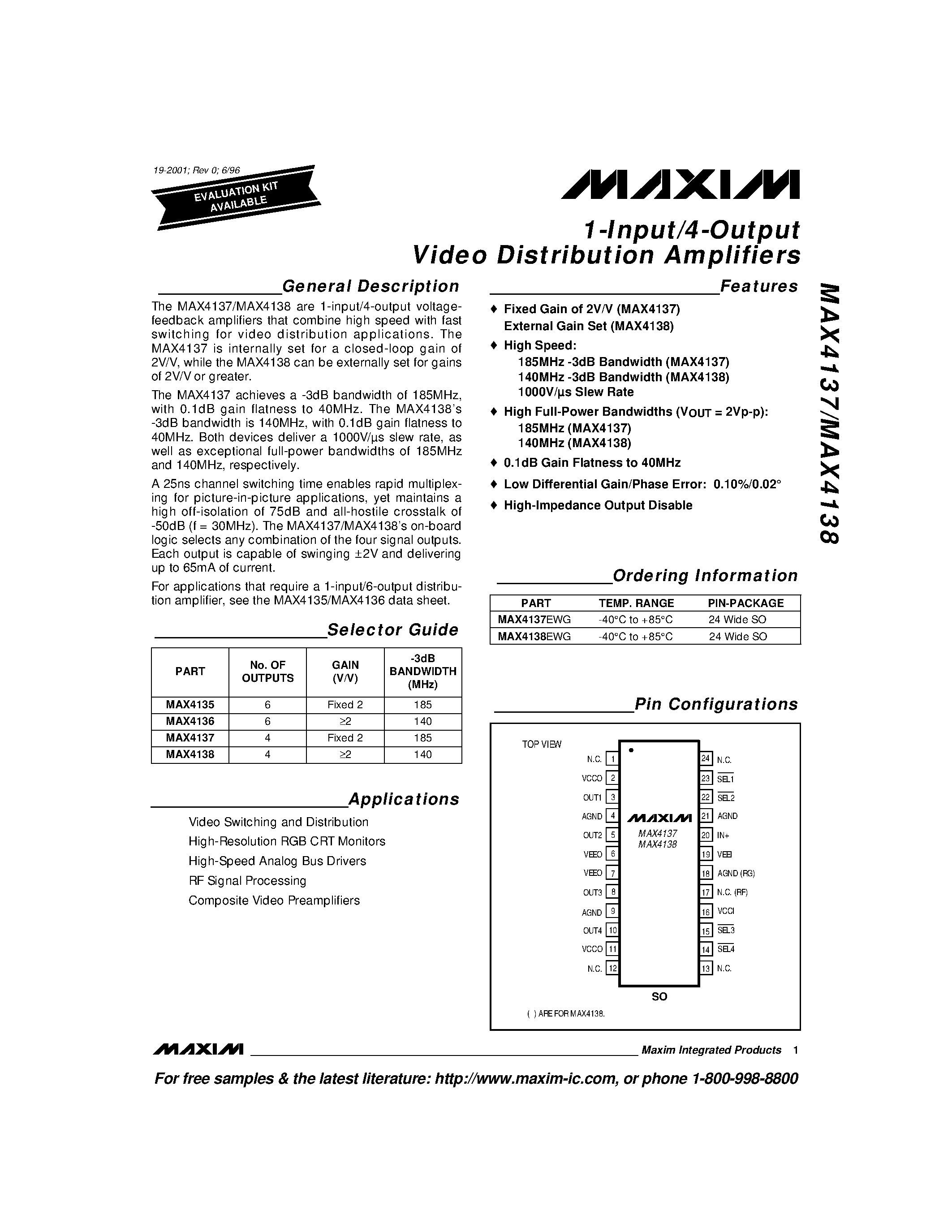 Даташит MAX4137EWG - 1-Input/4-Output Video Distribution Amplifiers страница 1