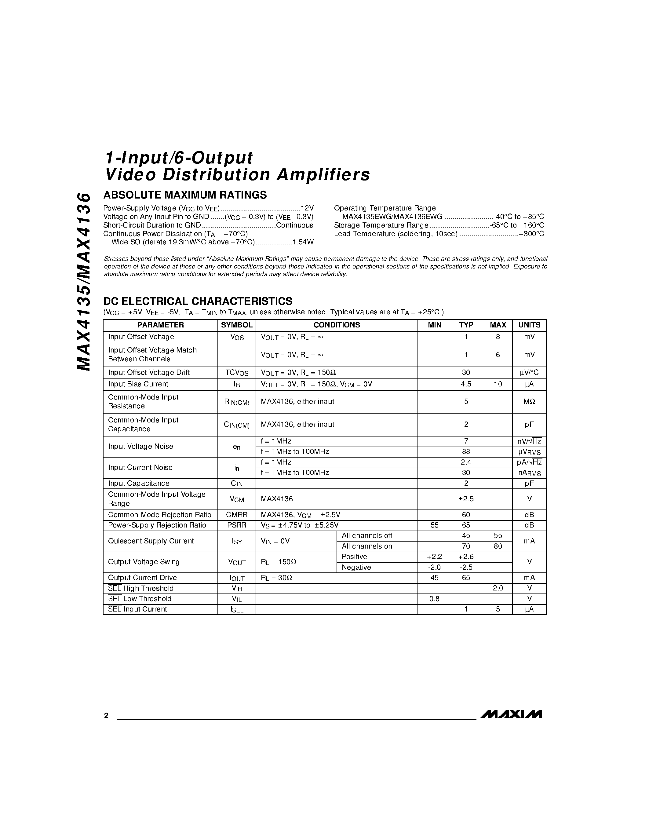 Datasheet MAX4138 - 1-Input/4-Output Video Distribution Amplifiers page 2