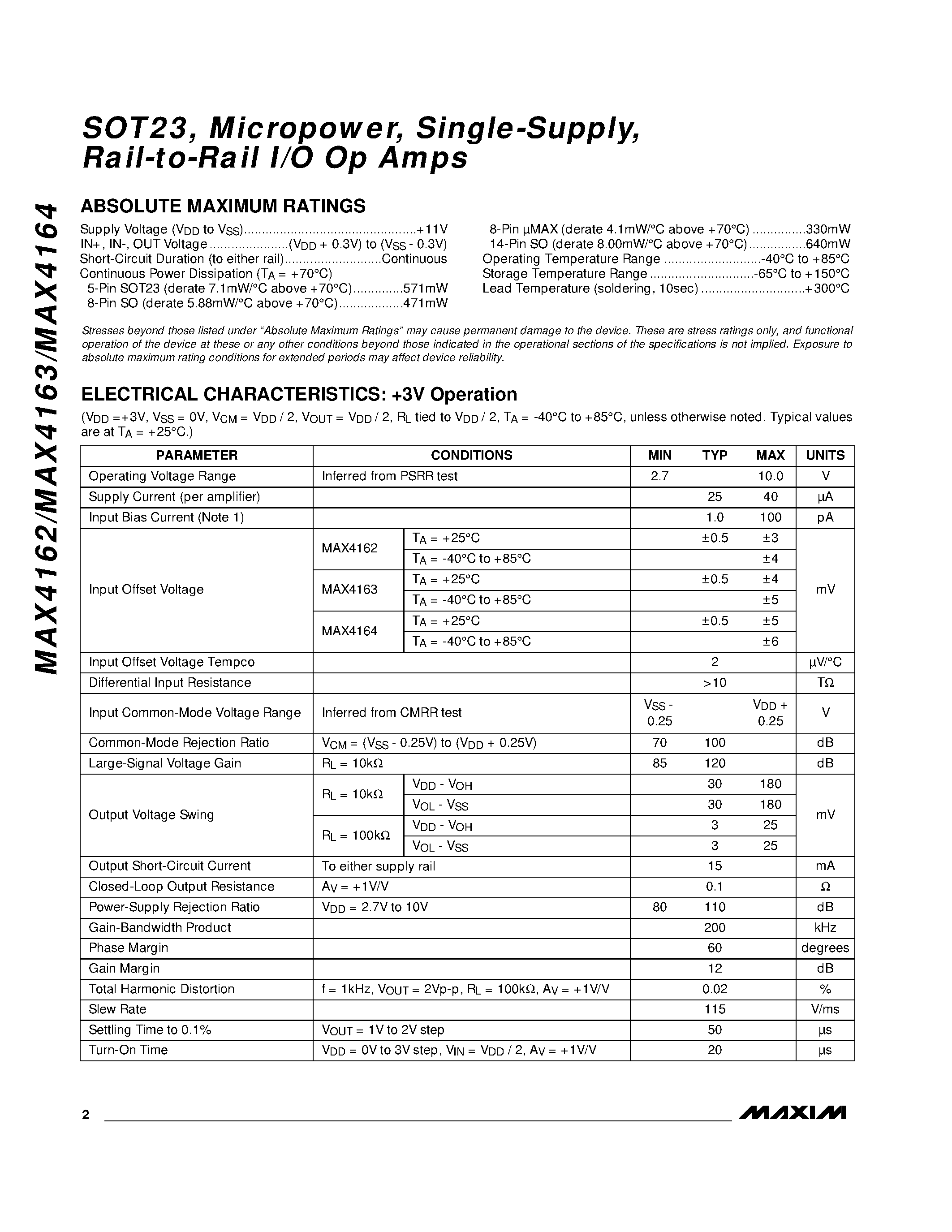 Datasheet MAX4162 - SOT23 / Micropower / Single-Supply / Rail-to-Rail I/O Op Amps page 2