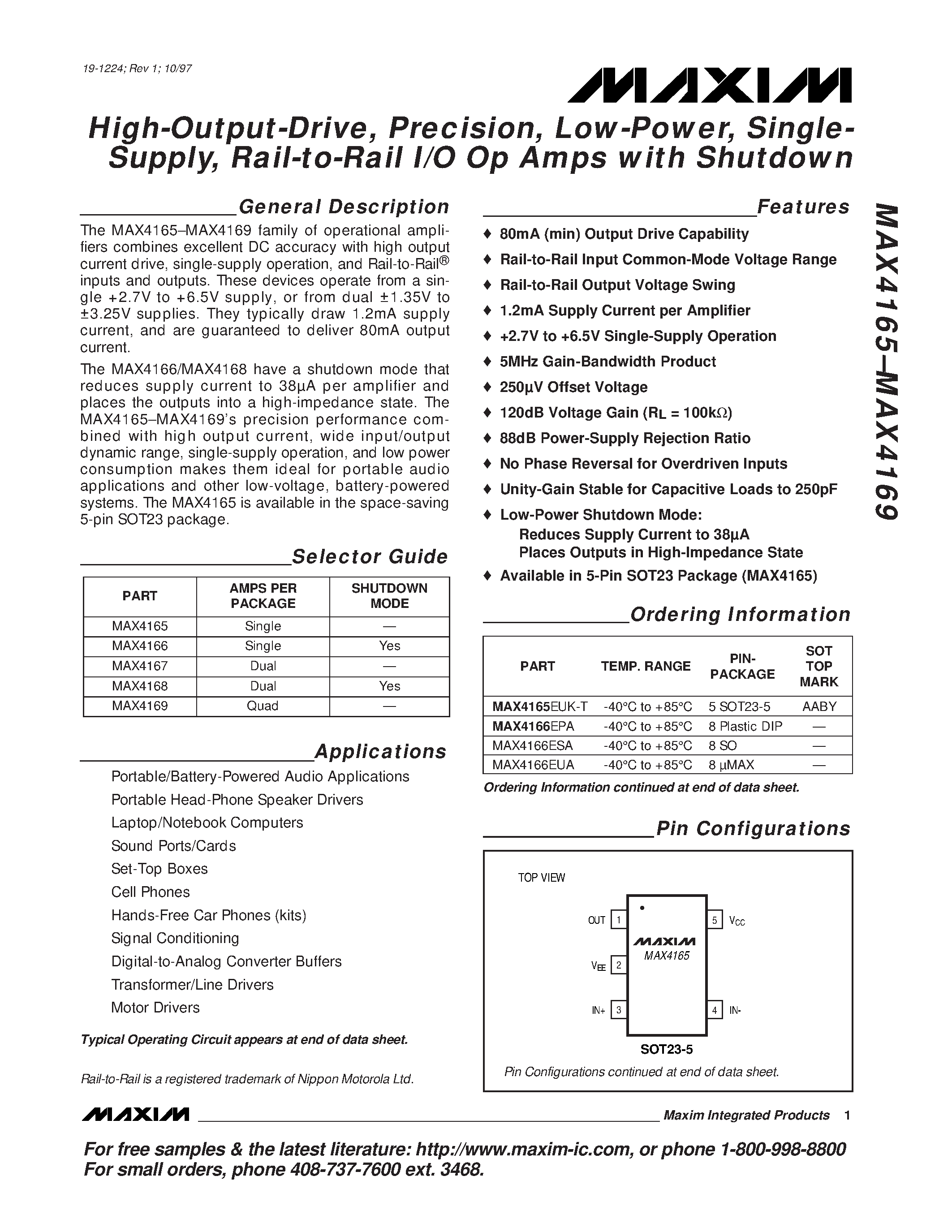 Datasheet MAX4167 - High-Output-Drive / Precision / Low-Power / Single- Supply / Rail-to-Rail I/O Op Amps with Shutdown page 1