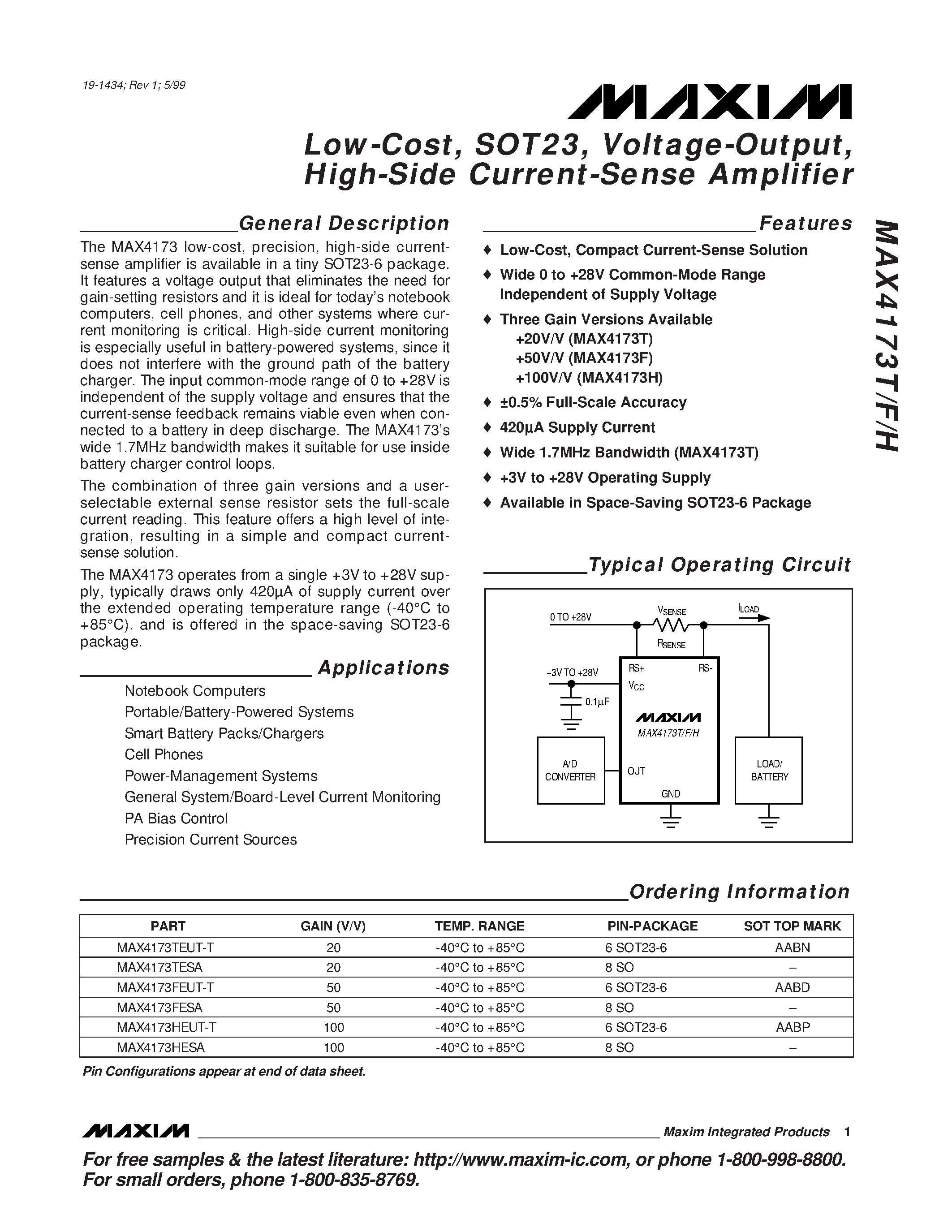 Datasheet MAX4173HEUT-T page 1 Datasheet MAX4173HEUT-T - Low-Cost / SOT23 / Voltage-Output / High-Side Current-Sense Amplifier page 1