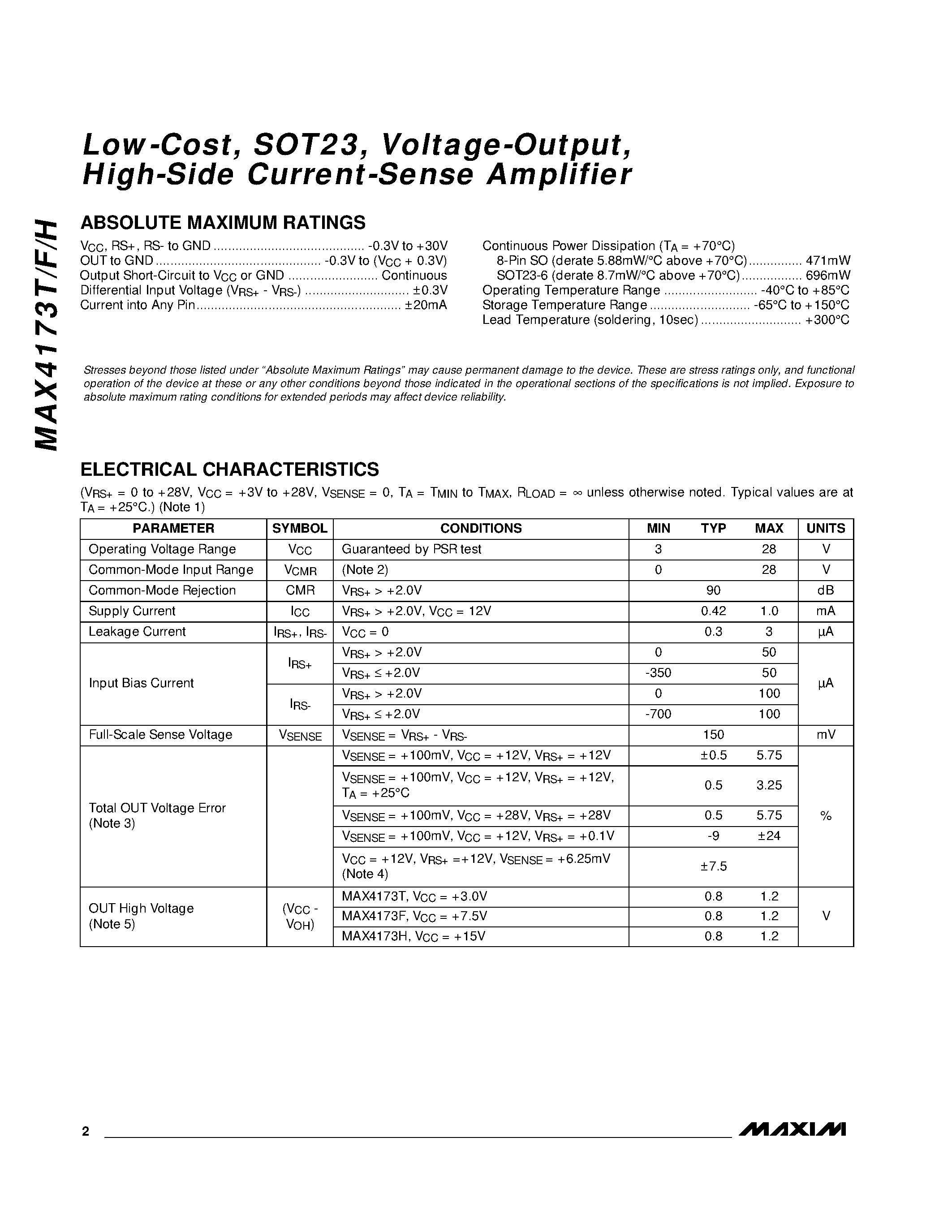 Даташит MAX4173TEUT-T - Low-Cost / SOT23 / Voltage-Output / High-Side Current-Sense Amplifier страница 2