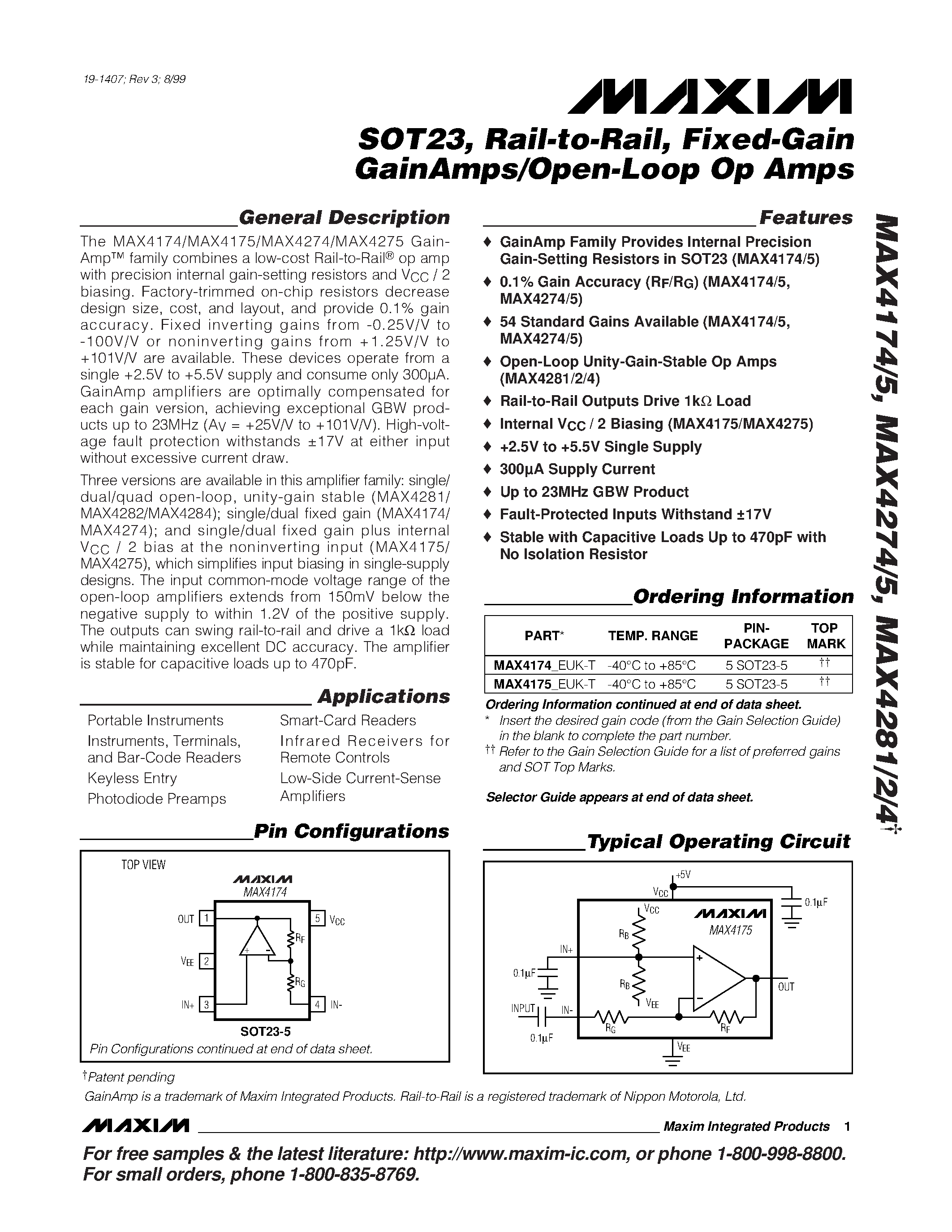 Datasheet MAX4174EUK-T page 1 Datasheet MAX4174EUK-T - SOT23 / Rail-to-Rail / Fixed-Gain GainAmps/Open-Loop Op Amps page 1