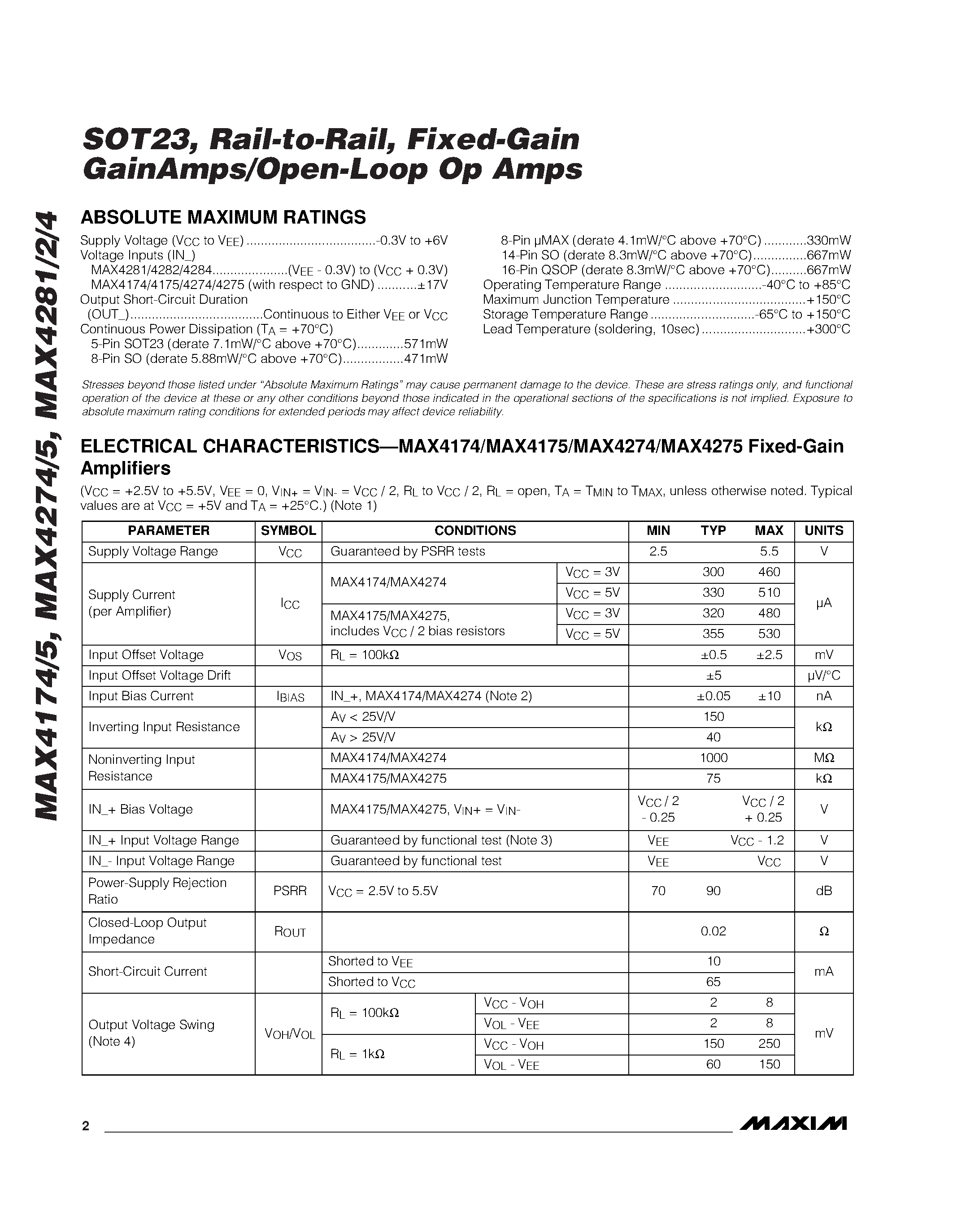 Datasheet MAX4174EUK-T page 2 Datasheet MAX4174EUK-T - SOT23 / Rail-to-Rail / Fixed-Gain GainAmps/Open-Loop Op Amps page 2