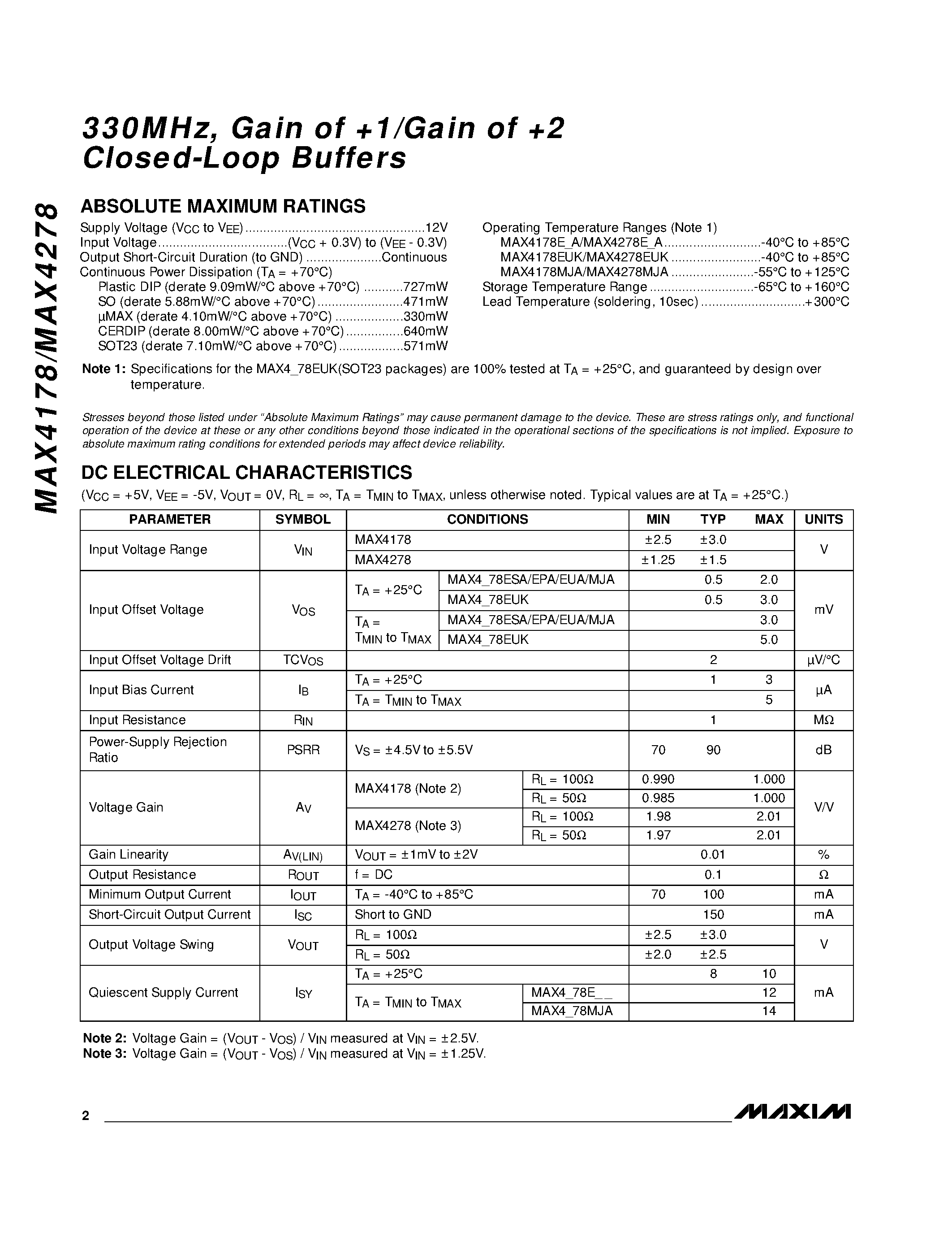 Datasheet MAX4178EUK-T page 2 Datasheet MAX4178EUK-T - 330MHz / Gain of !/Gain of @ Closed-Loop Buffers page 2