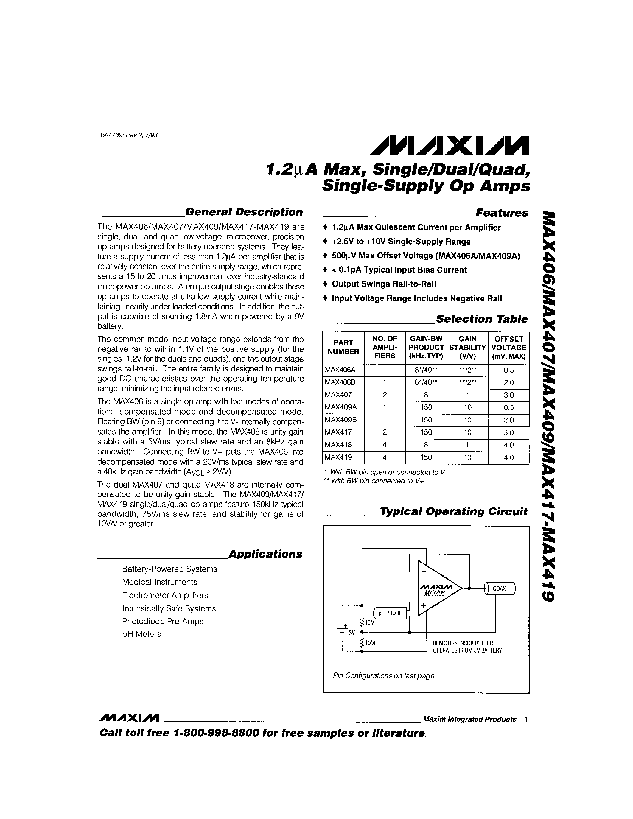 Datasheet MAX419 - 1.2A Max / Single/Dual/Quad / Single-Supply Op Amps page 1