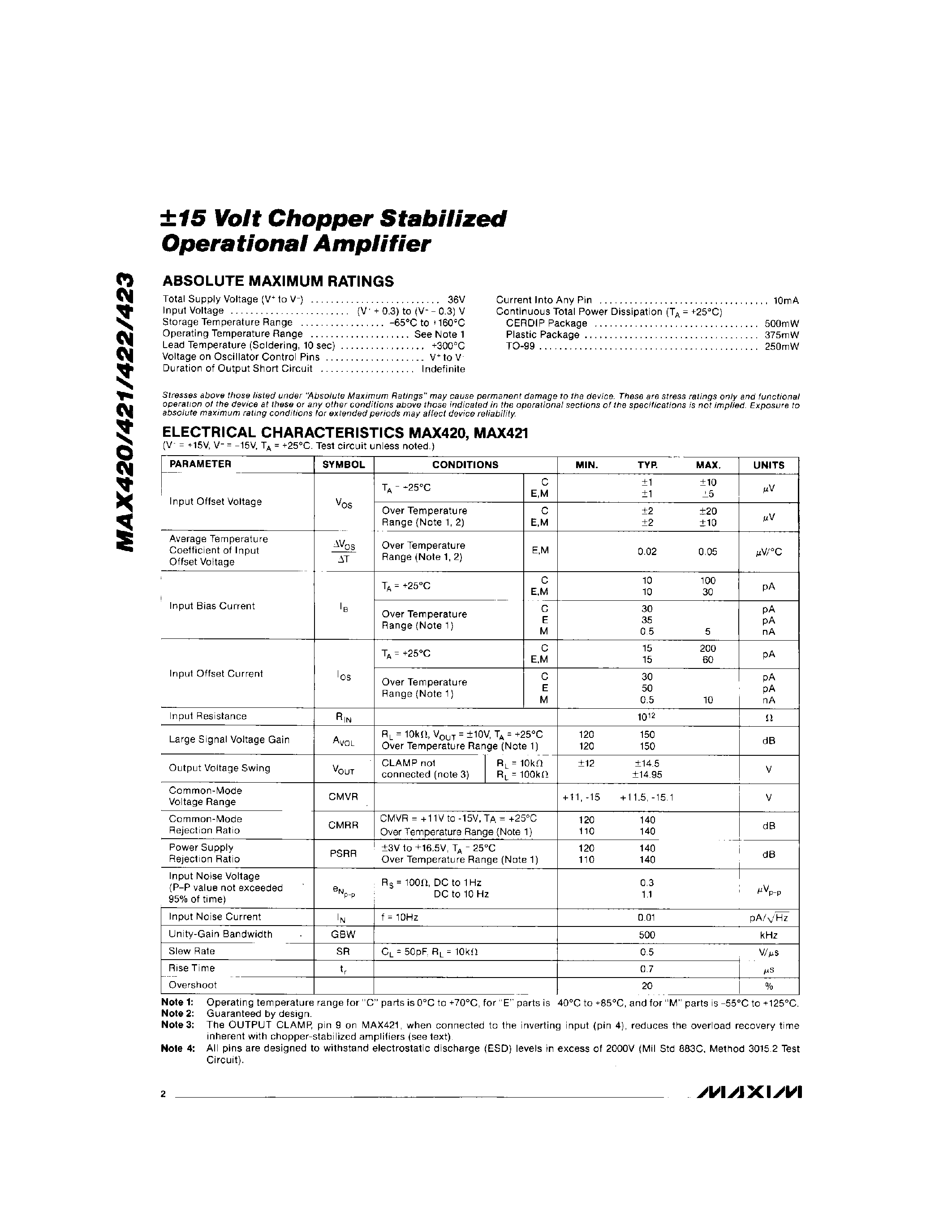 Datasheet MAX420 - 15 Volt Chopper Stabilized Operational Amplifier page 2