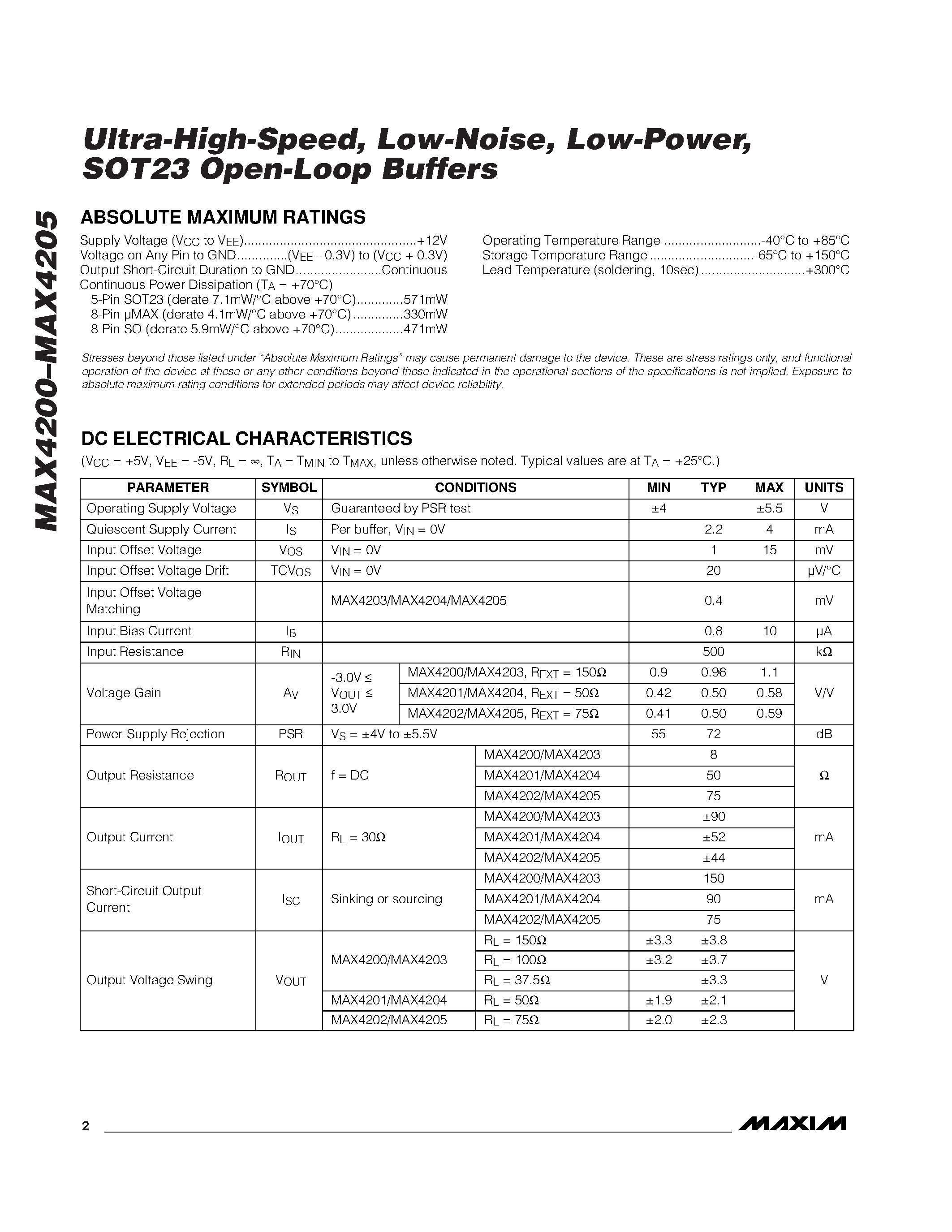 Даташит MAX4202EUK-T - Ultra-High-Speed / Low-Noise / Low-Power / SOT23 Open-Loop Buffers страница 2
