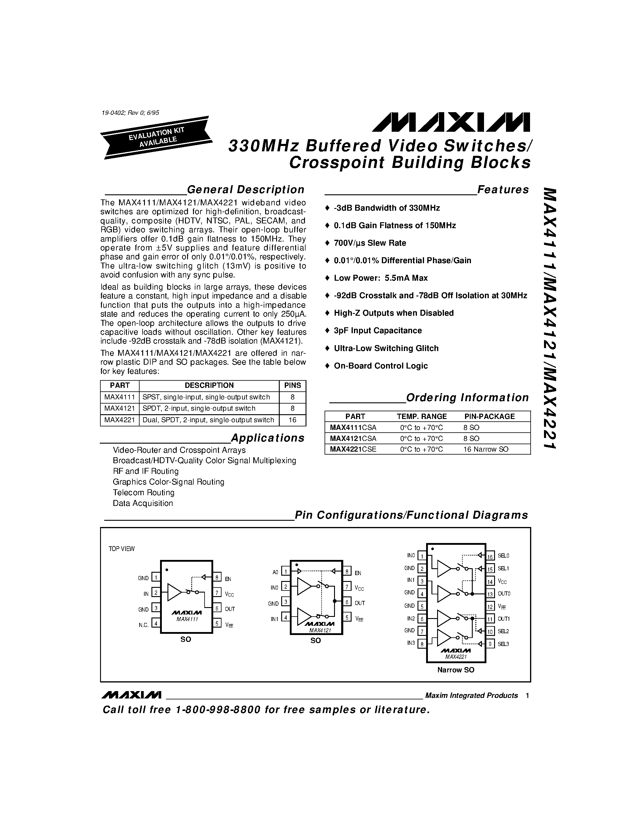 Datasheet MAX4221 - 330MHz Buffered Video Switches/ Crosspoint Building Blocks page 1