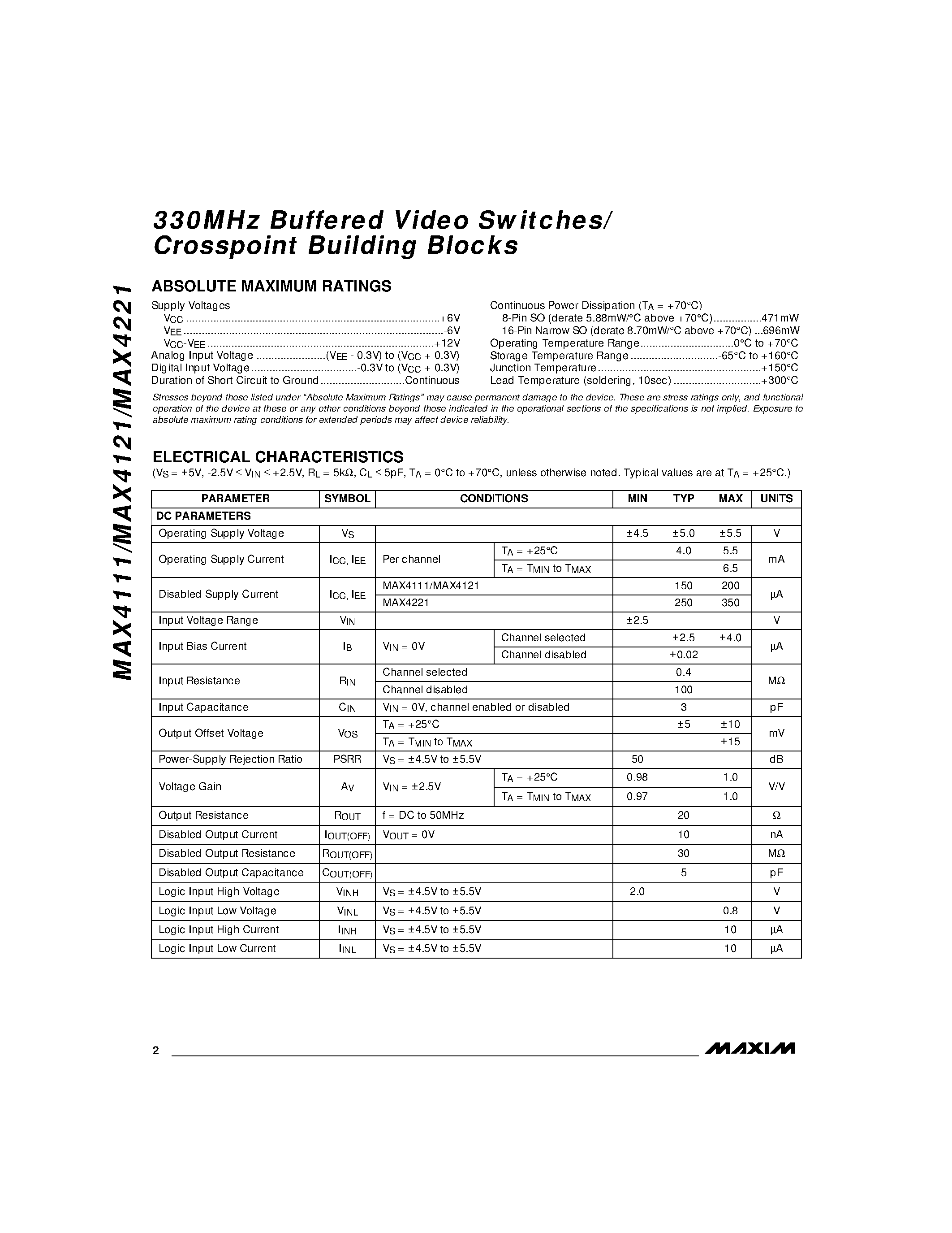 Datasheet MAX4221 - 330MHz Buffered Video Switches/ Crosspoint Building Blocks page 2