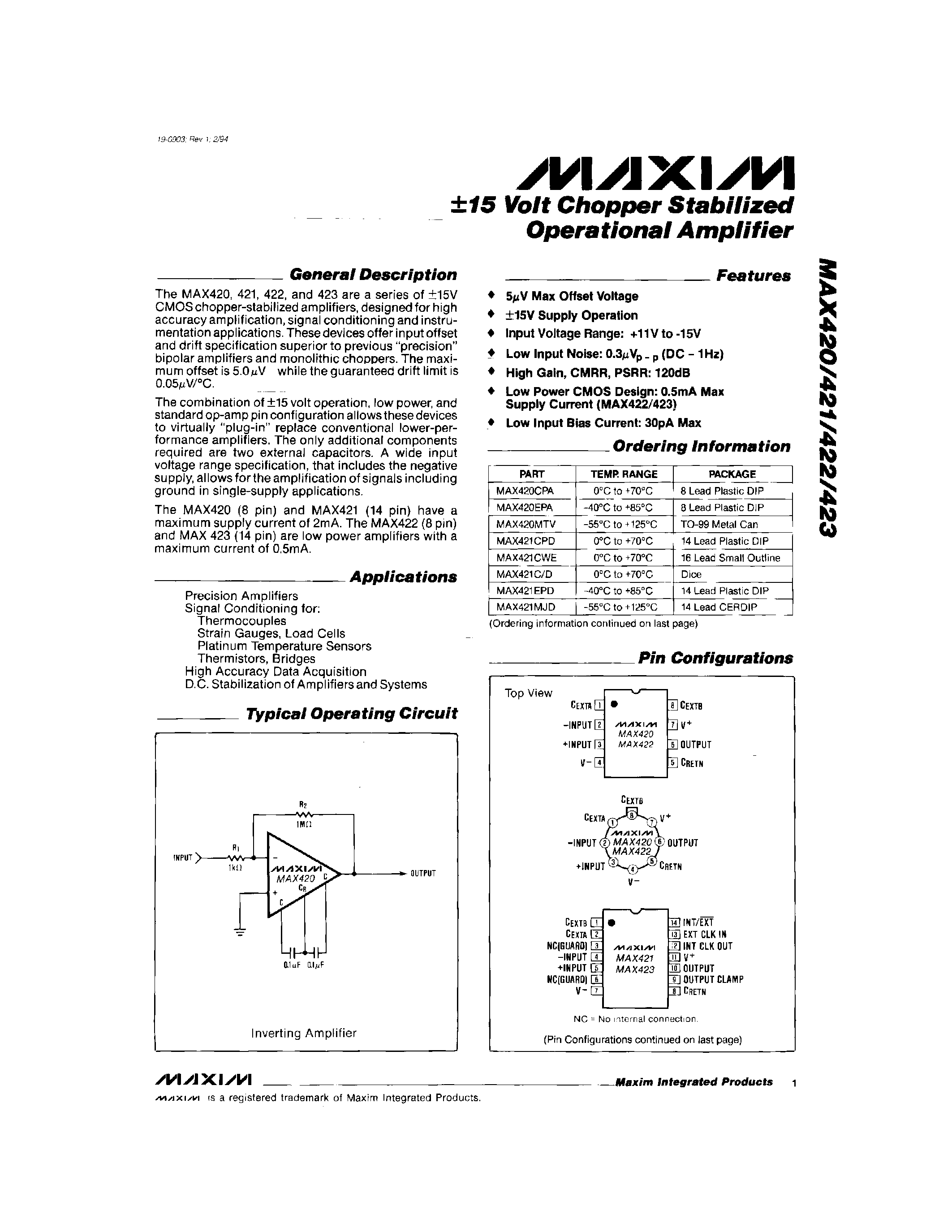 Datasheet MAX423 - 15 Volt Chopper Stabilized Operational Amplifier page 1