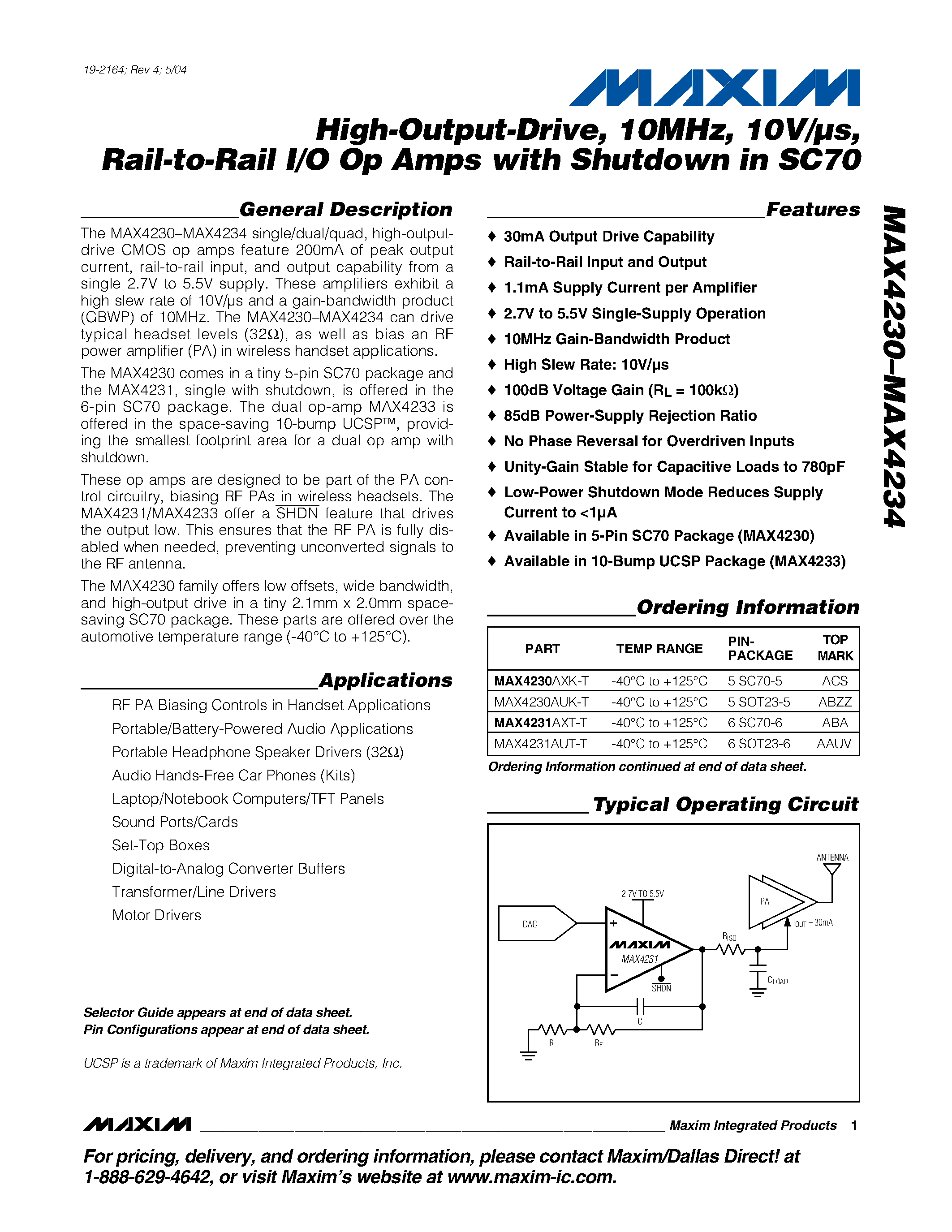 Даташит MAX4230AUK-T - High-Output-Drive / 10MHz / 10V/Us / Rail-to-Rail I/O Op Amps with Shutdown in SC70 страница 1