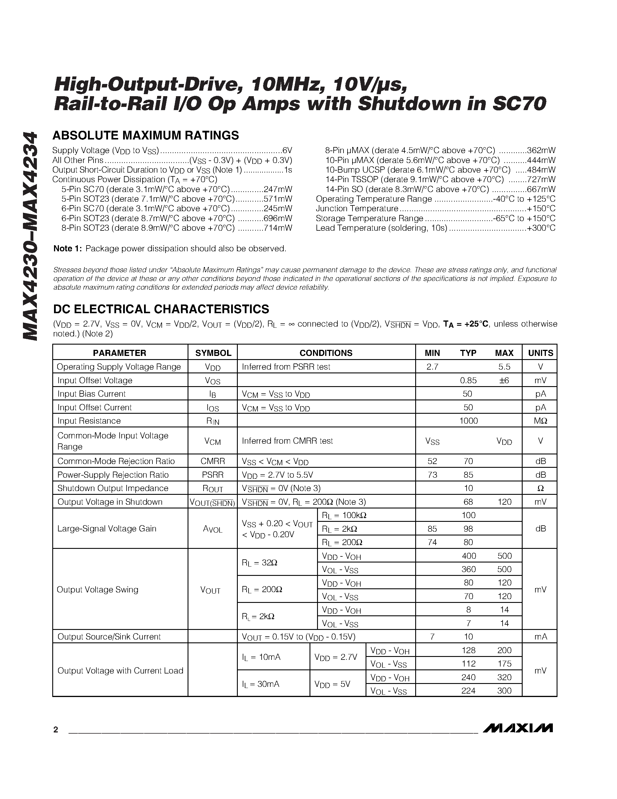 Даташит MAX4230AUK-T - High-Output-Drive / 10MHz / 10V/Us / Rail-to-Rail I/O Op Amps with Shutdown in SC70 страница 2