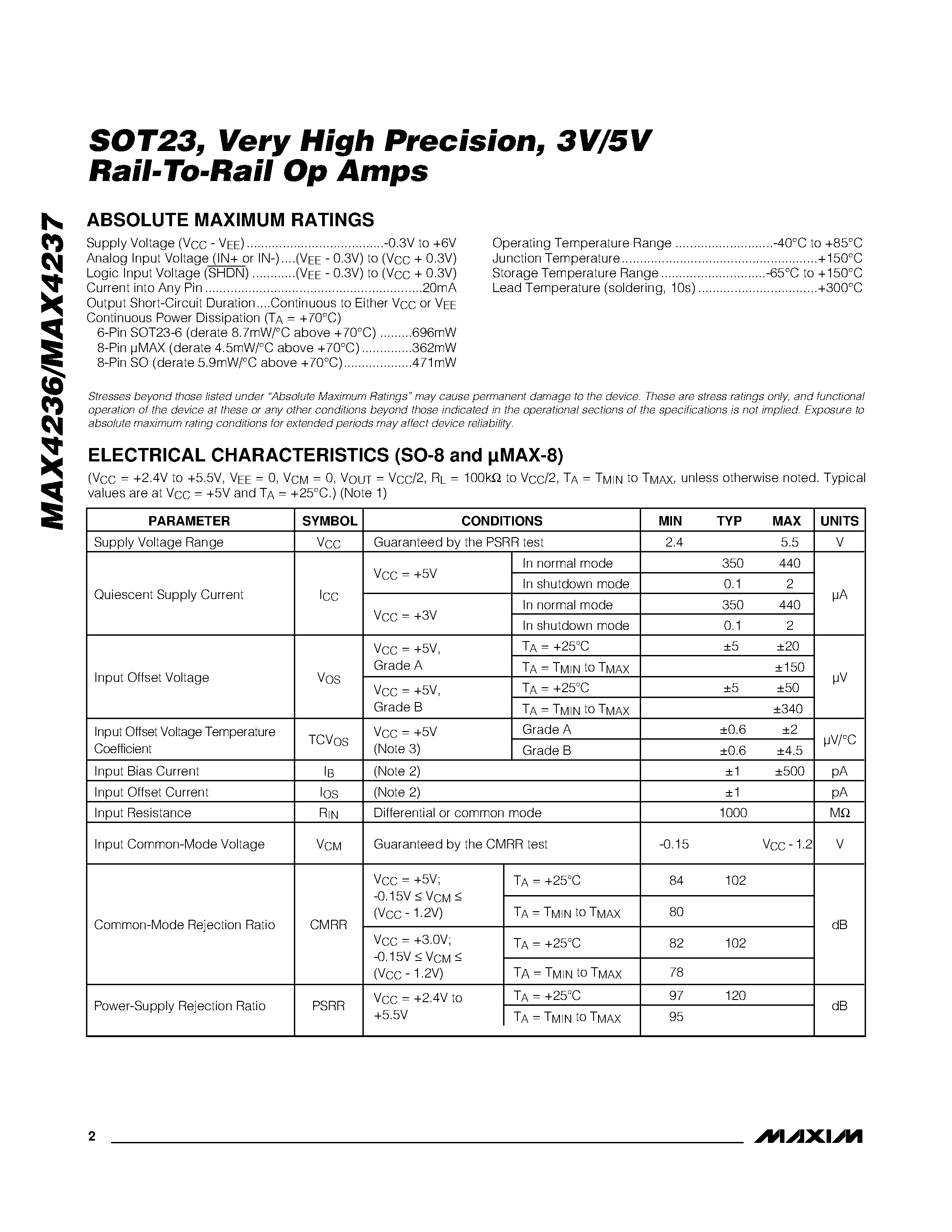 Даташит MAX4237EUT-T - SOT23 / Very High Precision / 3V/5V Rail-to-Rail Op Amps страница 2