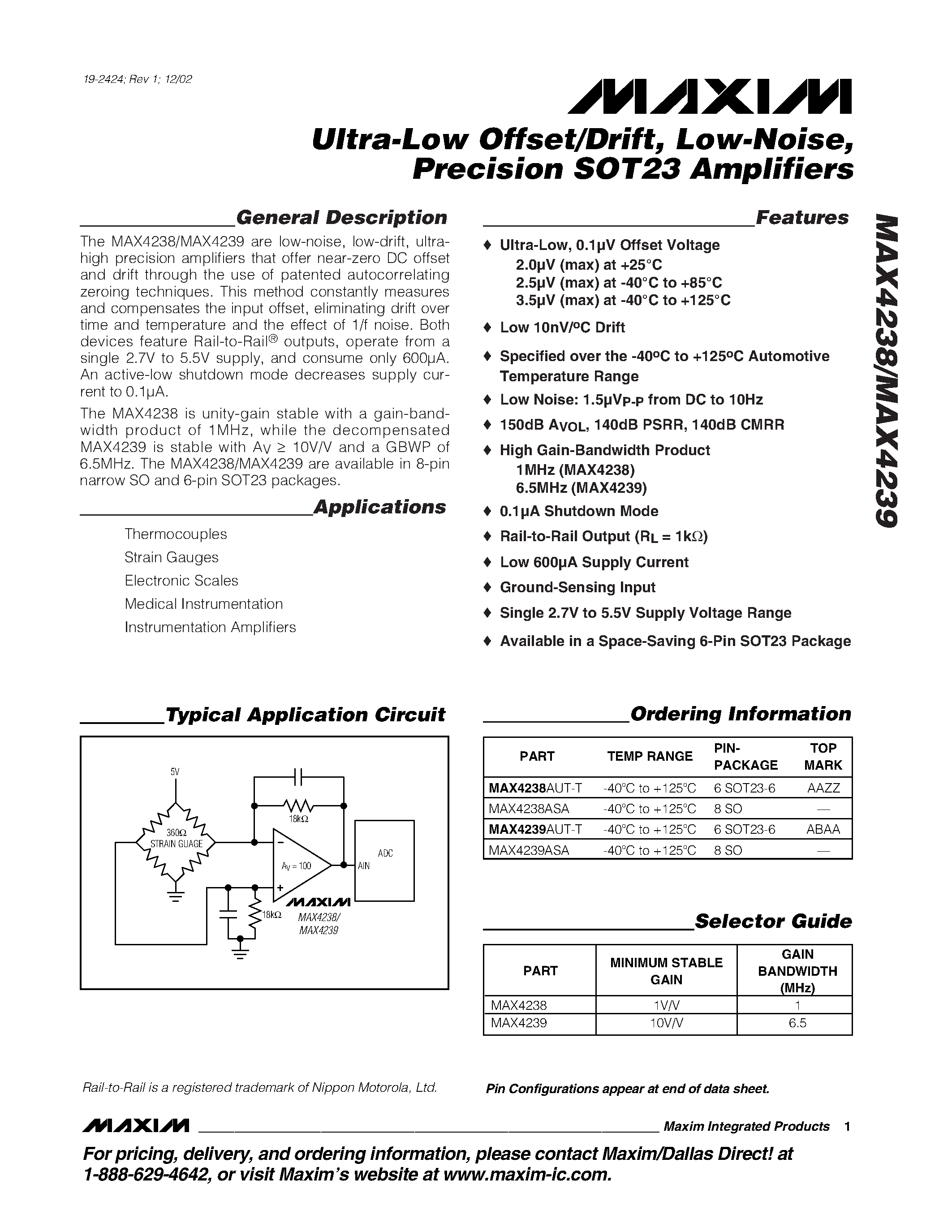 Datasheet MAX4238AUT-T page 1 Datasheet MAX4238AUT-T - Ultra-Low Offset/Drift / Low-Noise / Precision SOT23 Amplifiers page 1