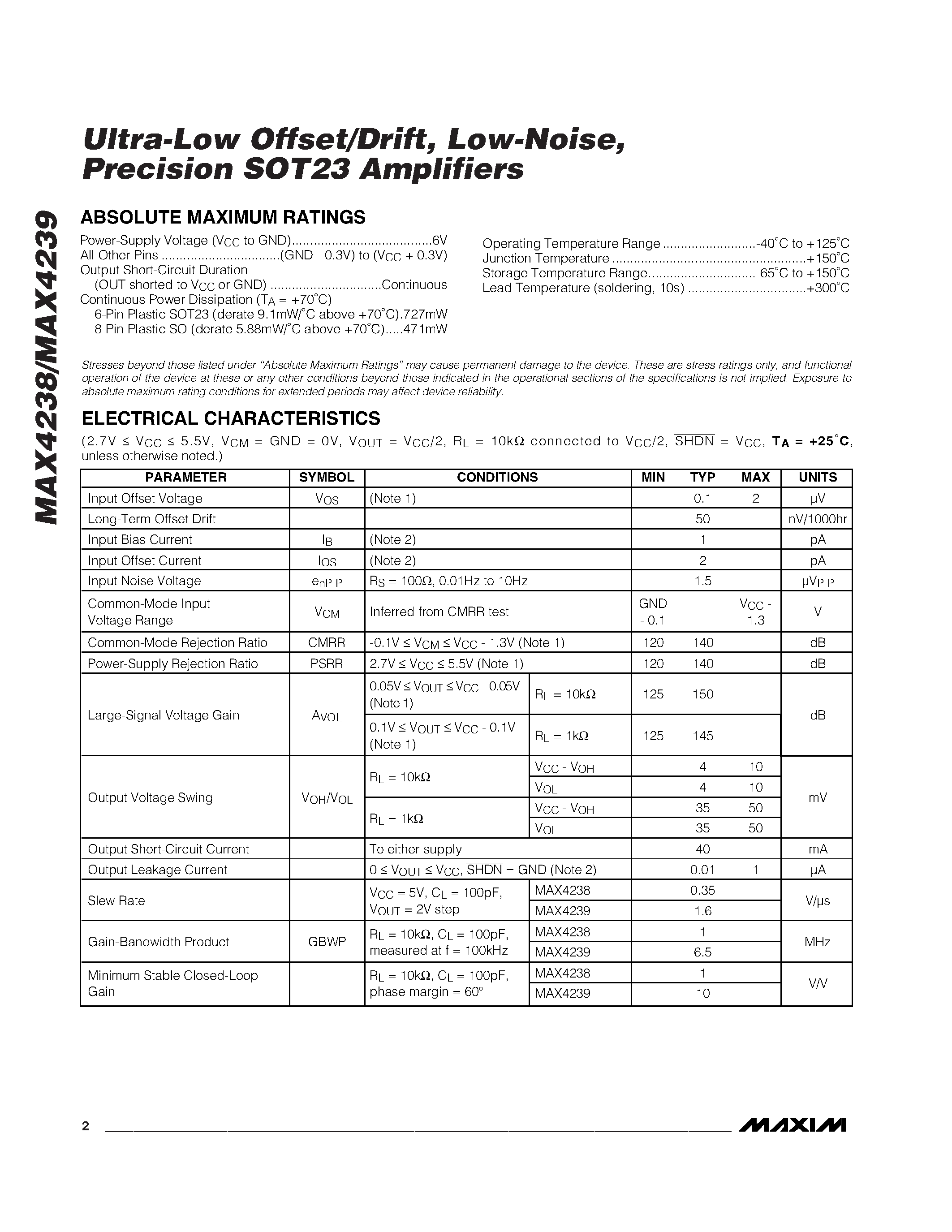 Datasheet MAX4238AUT-T page 2 Datasheet MAX4238AUT-T - Ultra-Low Offset/Drift / Low-Noise / Precision SOT23 Amplifiers page 2