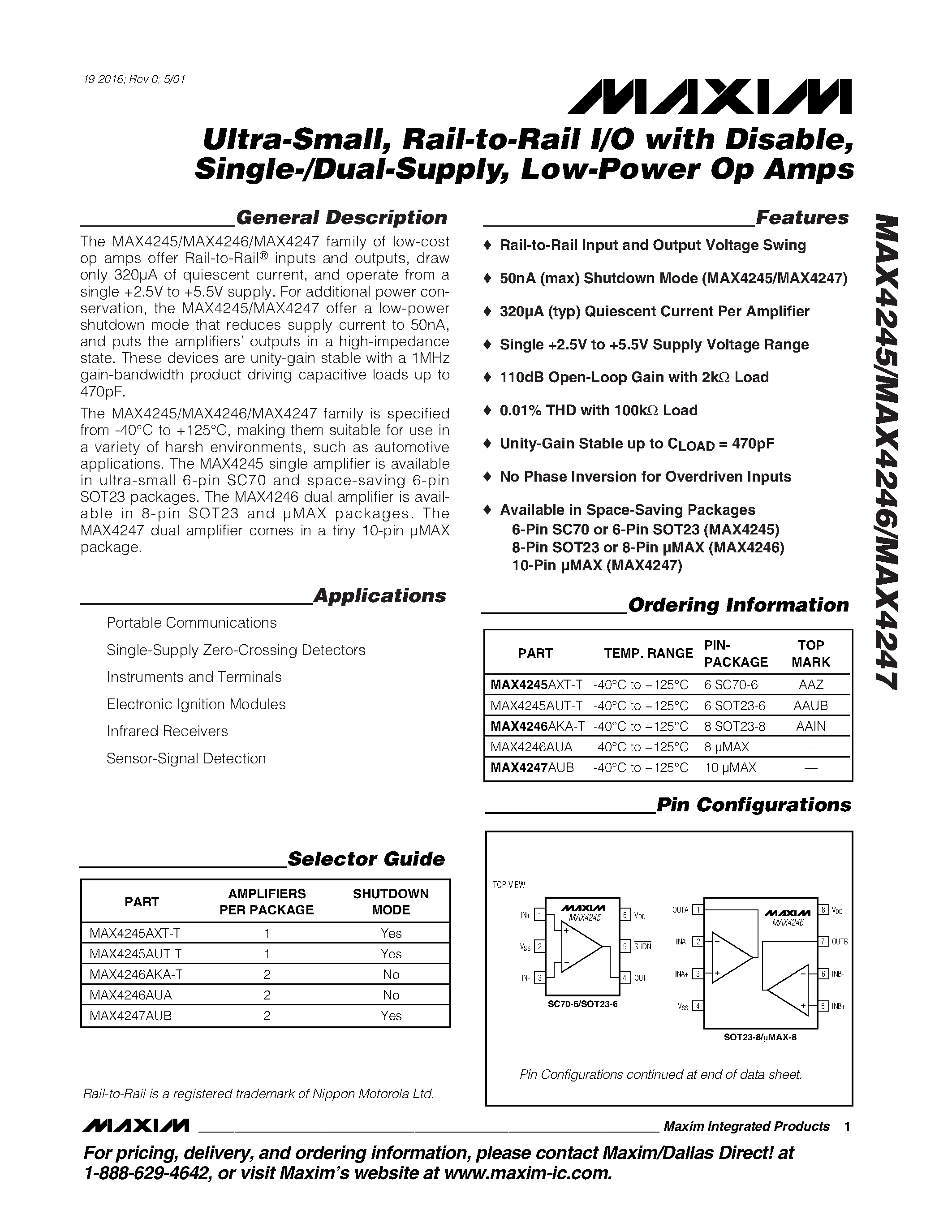 Datasheet MAX4245AUT-T page 1 Datasheet MAX4245AUT-T - Ultra-Small / Rail-to-Rail I/O with Disable / Single-/Dual-Supply / Low-Power Op Amps page 1