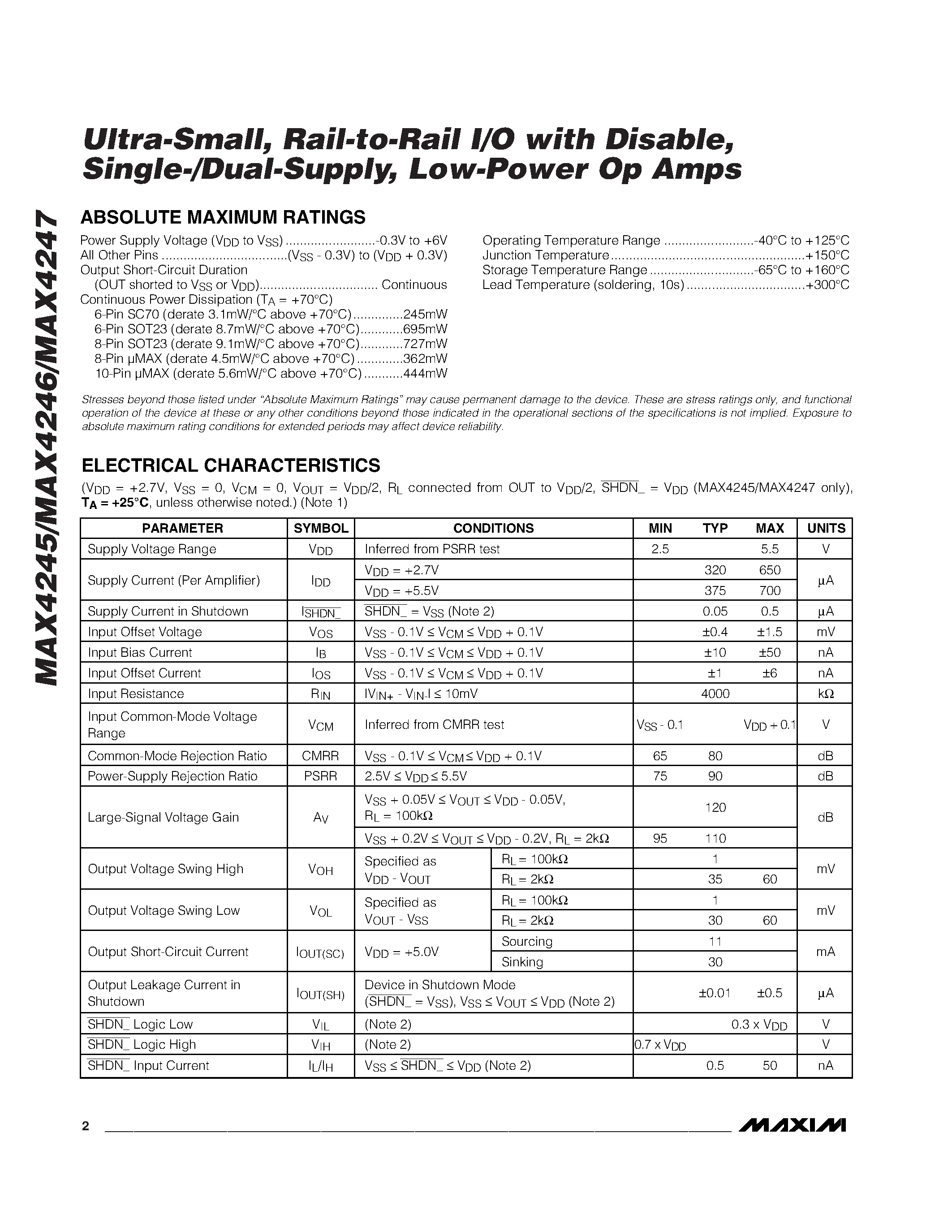 Datasheet MAX4245AXT-T page 2 Datasheet MAX4245AXT-T - Ultra-Small / Rail-to-Rail I/O with Disable / Single-/Dual-Supply / Low-Power Op Amps page 2