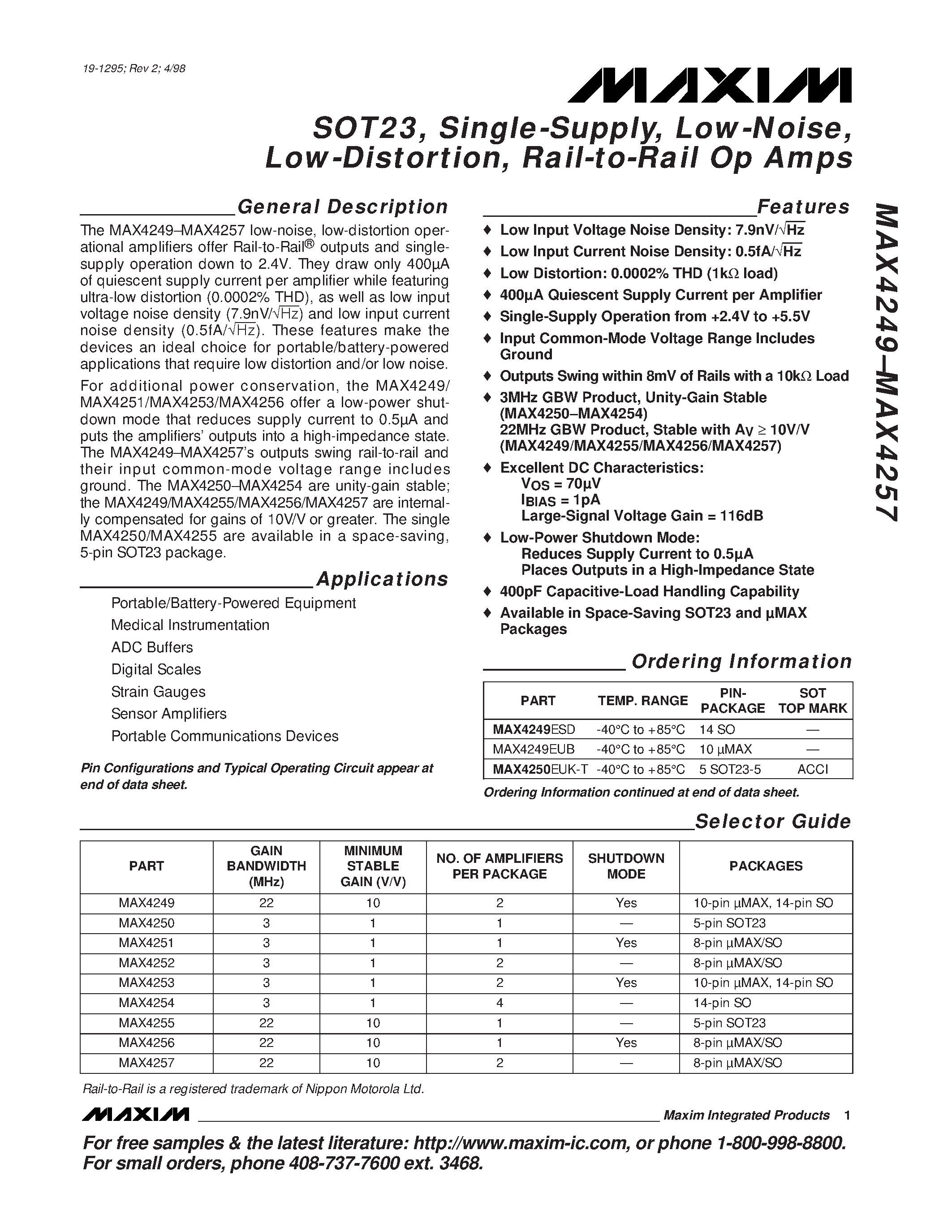 Datasheet MAX4250EUK-T page 1 Datasheet MAX4250EUK-T - SOT23 / Single-Supply / Low-Noise / Low-Distortion / Rail-to-Rail Op Amps page 1