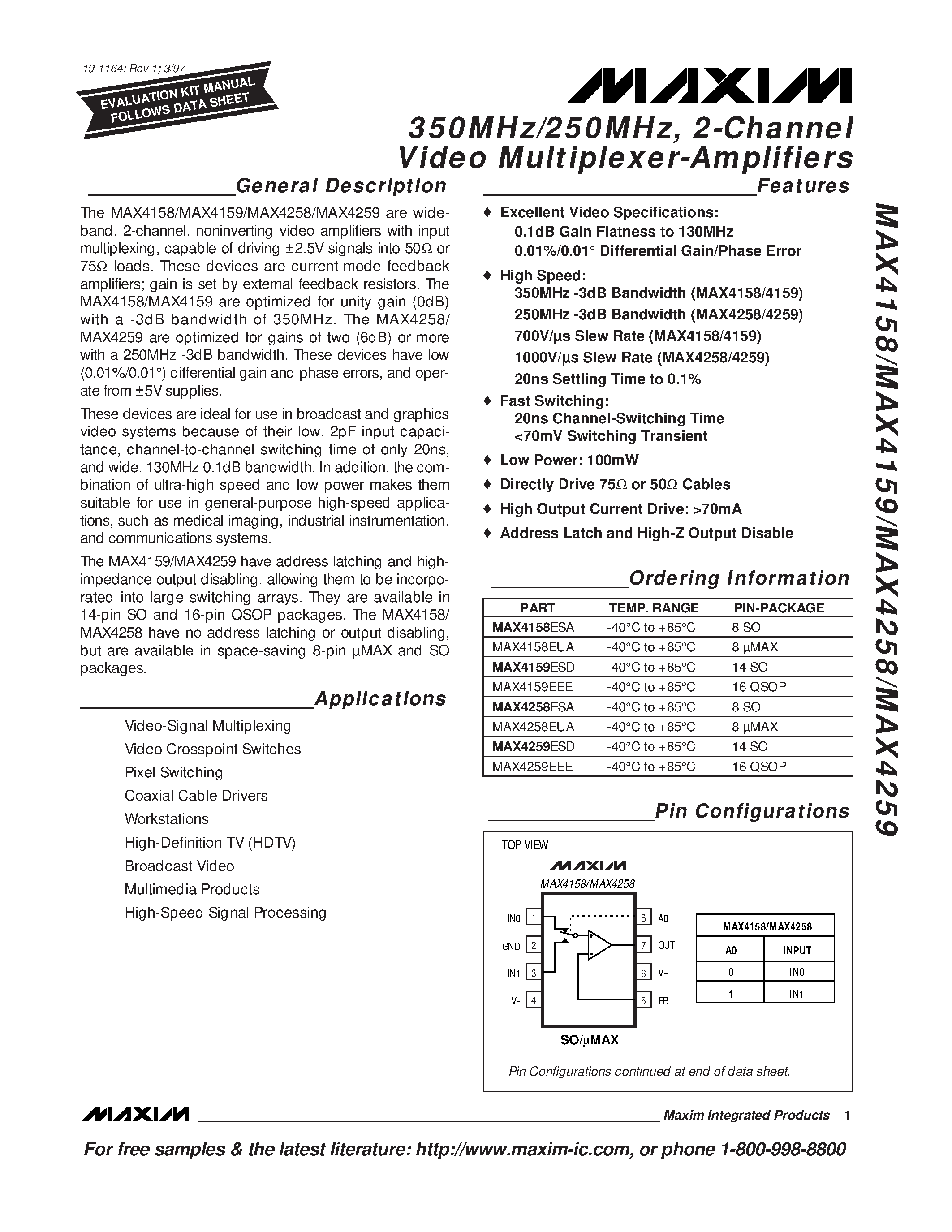 Datasheet MAX4258EUA - 350MHz/250MHz / 2-Channel Video Multiplexer-Amplifiers page 1