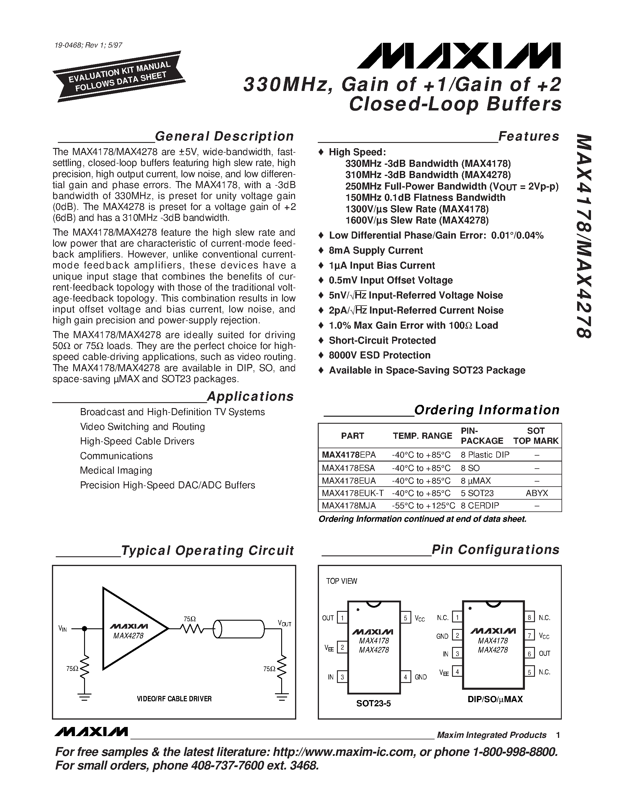 Datasheet MAX4278EUK-T page 1 Datasheet MAX4278EUK-T - 330MHz / Gain of !/Gain of @ Closed-Loop Buffers page 1
