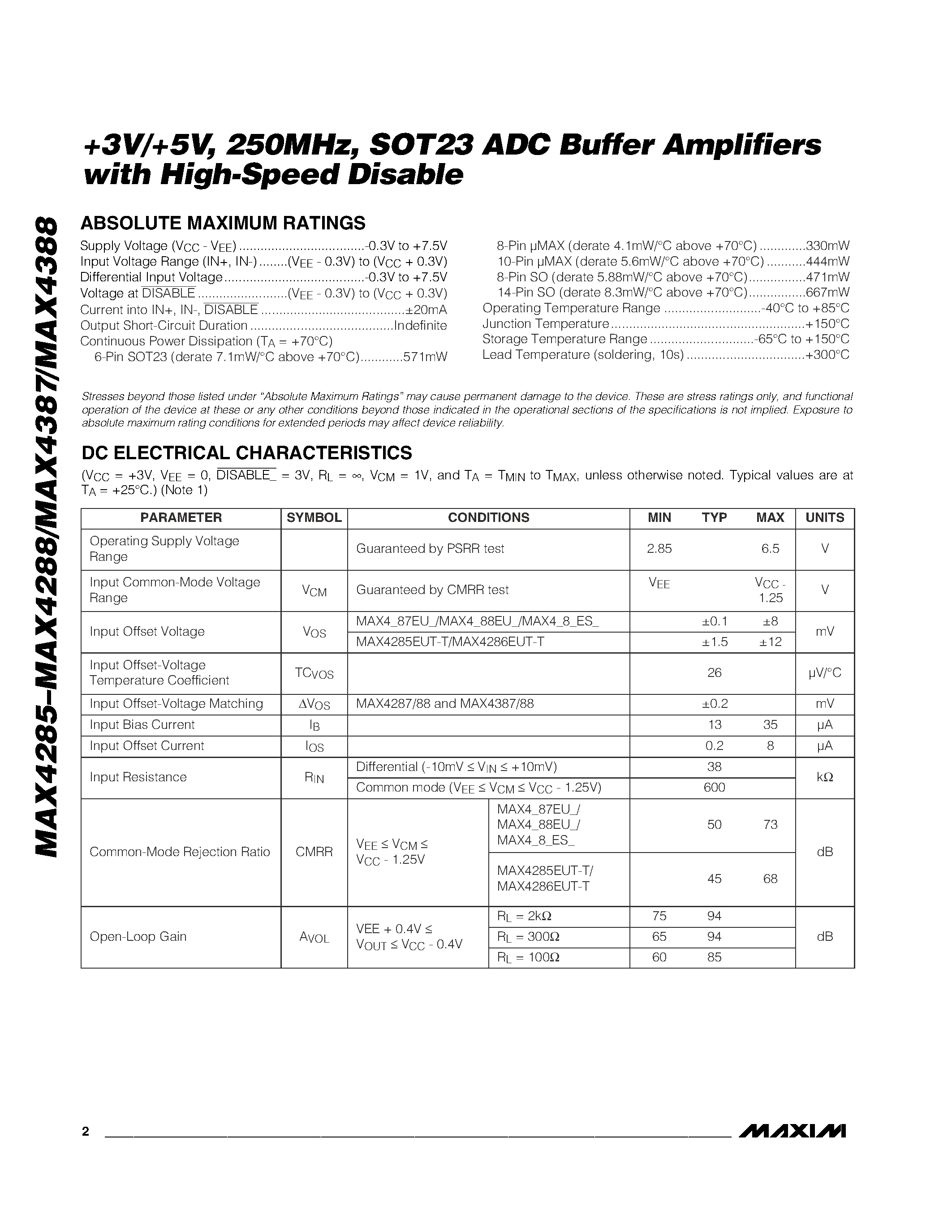Datasheet MAX4286ESA - +3V/+5V / 250MHz / SOT23 ADC Buffer Amplifiers with High-Speed Disable page 2