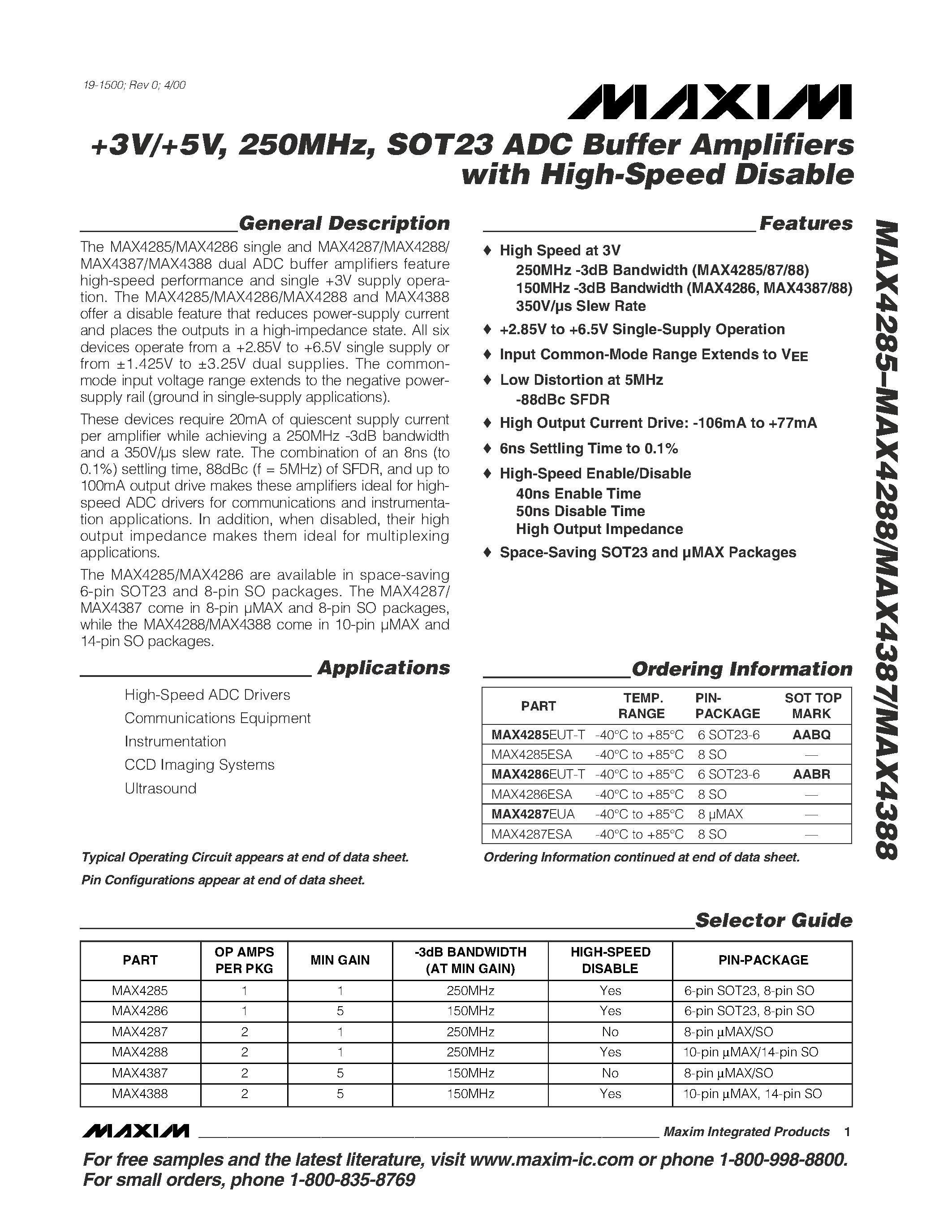 Datasheet MAX4287ESA - +3V/+5V / 250MHz / SOT23 ADC Buffer Amplifiers with High-Speed Disable page 1