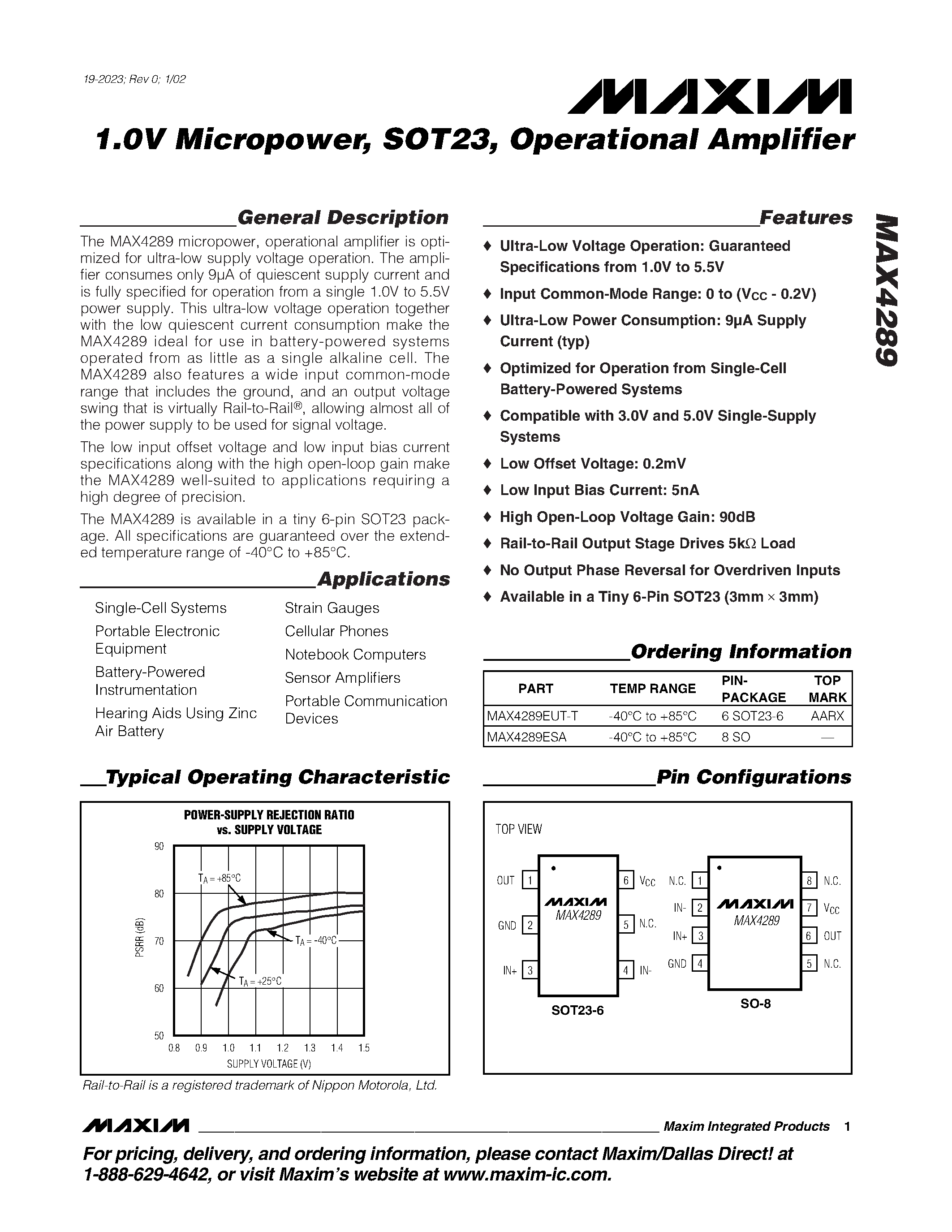 Datasheet MAX4289ESA - 1.0V Micropower / SOT23 / Operational Amplifier page 1