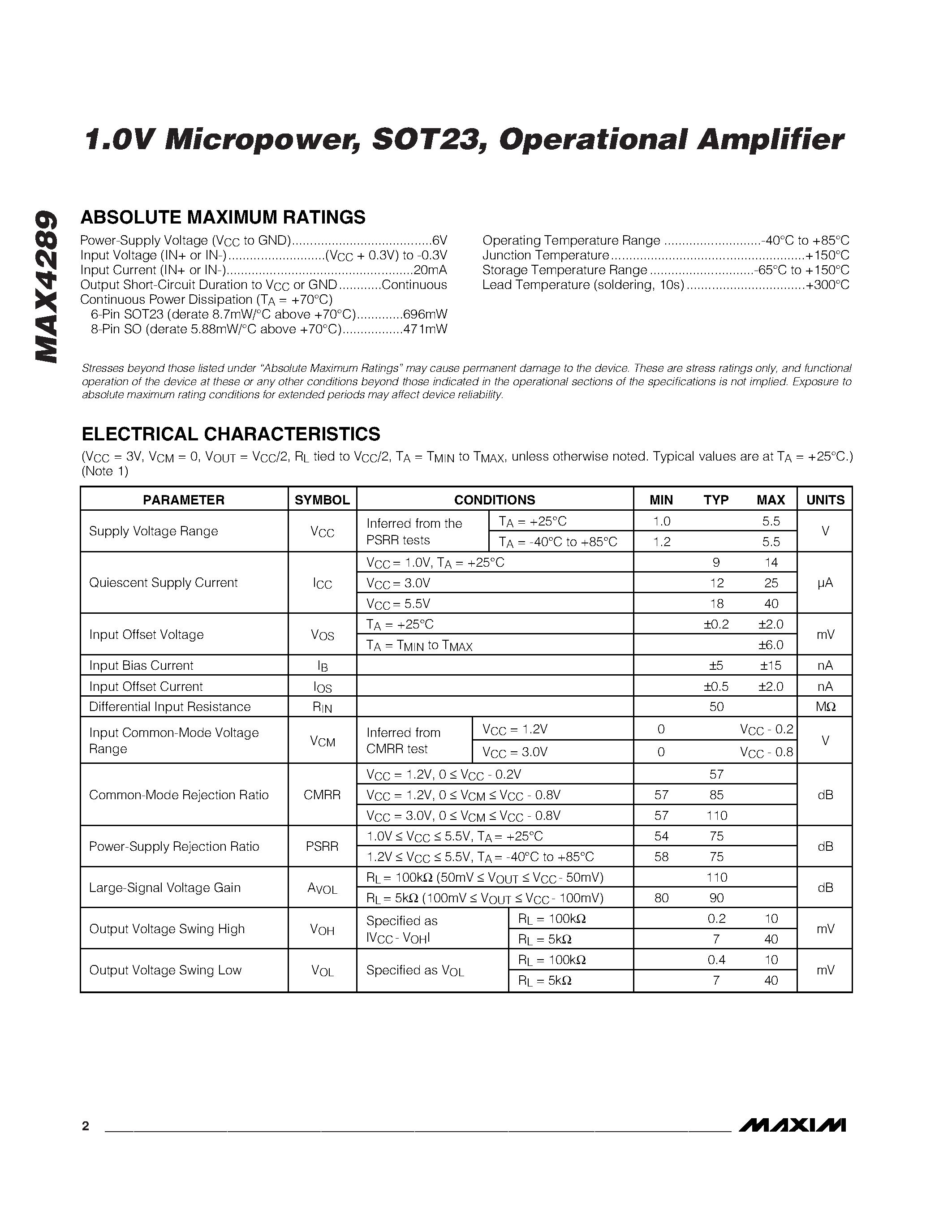 Datasheet MAX4289EUT-T page 2 Datasheet MAX4289EUT-T - 1.0V Micropower / SOT23 / Operational Amplifier page 2