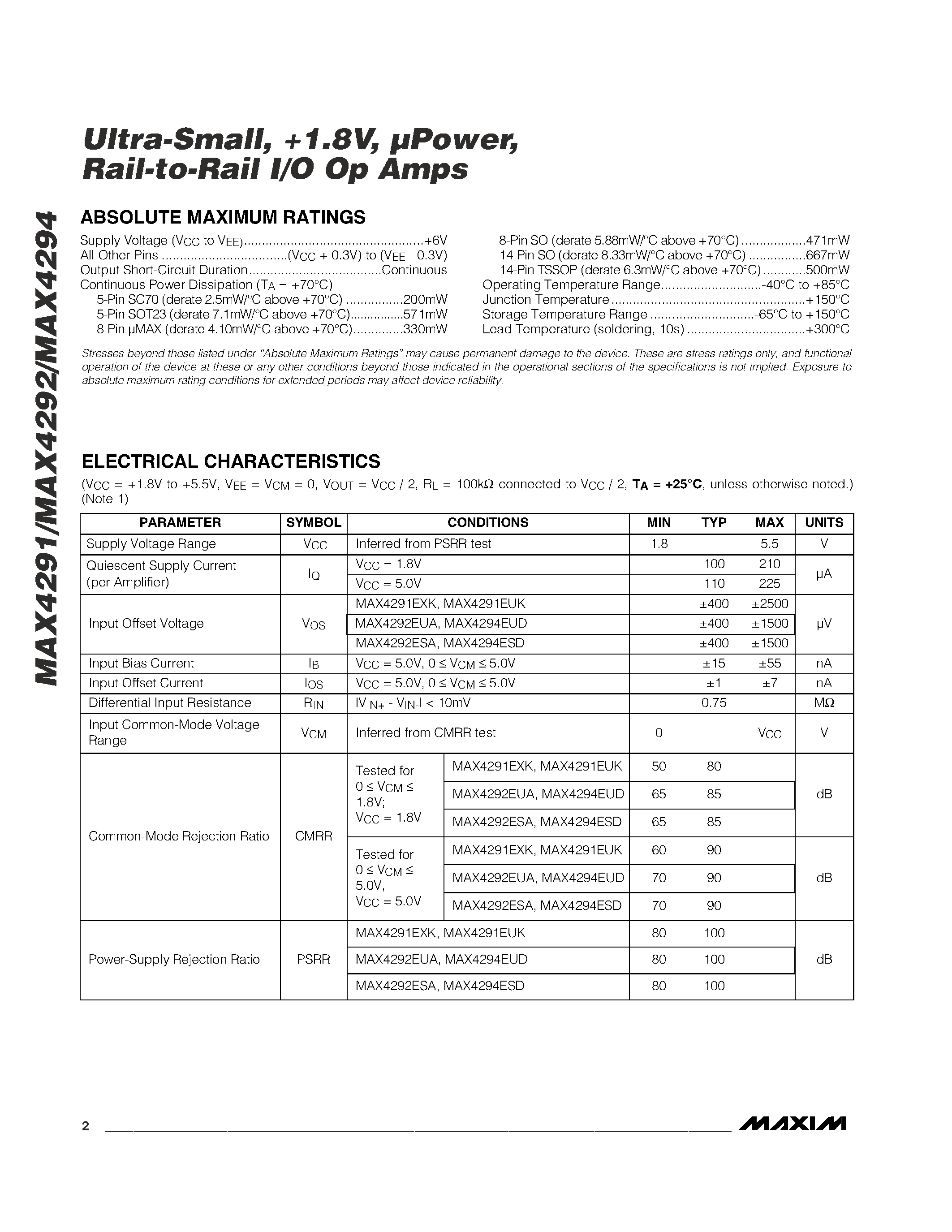 Datasheet MAX4294 page 2 Datasheet MAX4294 - Ultra-Small / !.8V / Power / Rail-to-Rail I/O Op Amps page 2