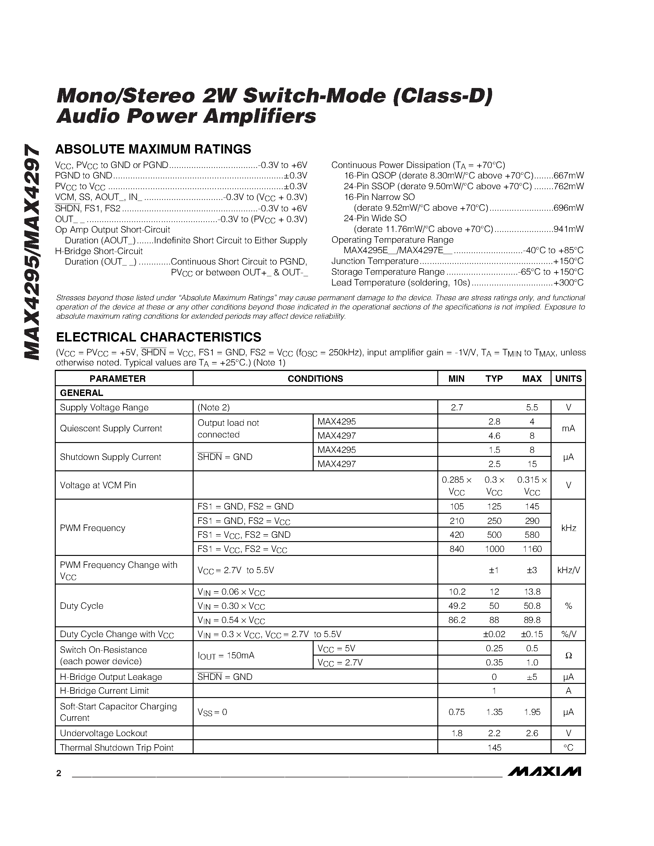 Даташит MAX4297EAG - Mono/Stereo 2W Switch-Mode (Class-D) Audio Power Amplifiers страница 2