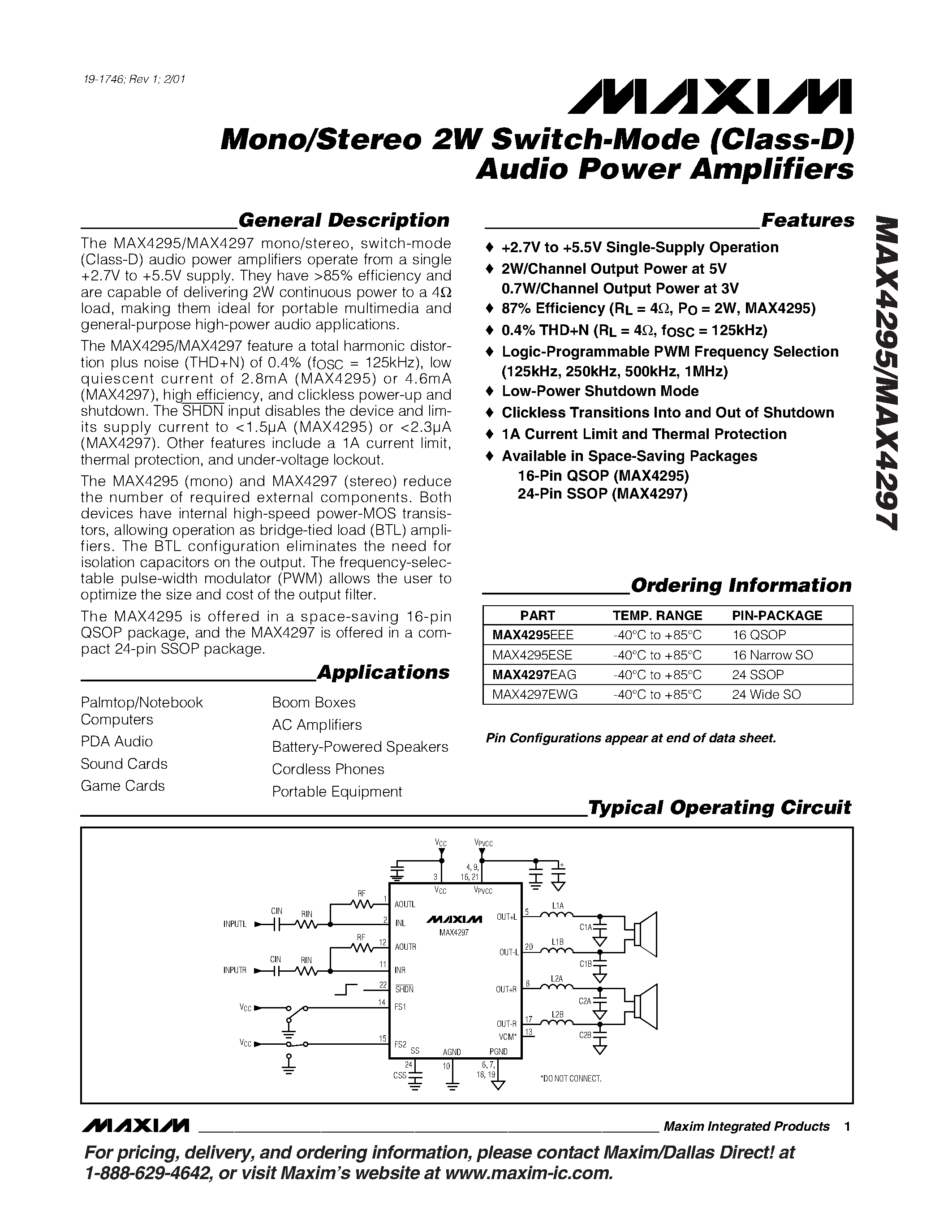Даташит MAX4297EWG - Mono/Stereo 2W Switch-Mode (Class-D) Audio Power Amplifiers страница 1